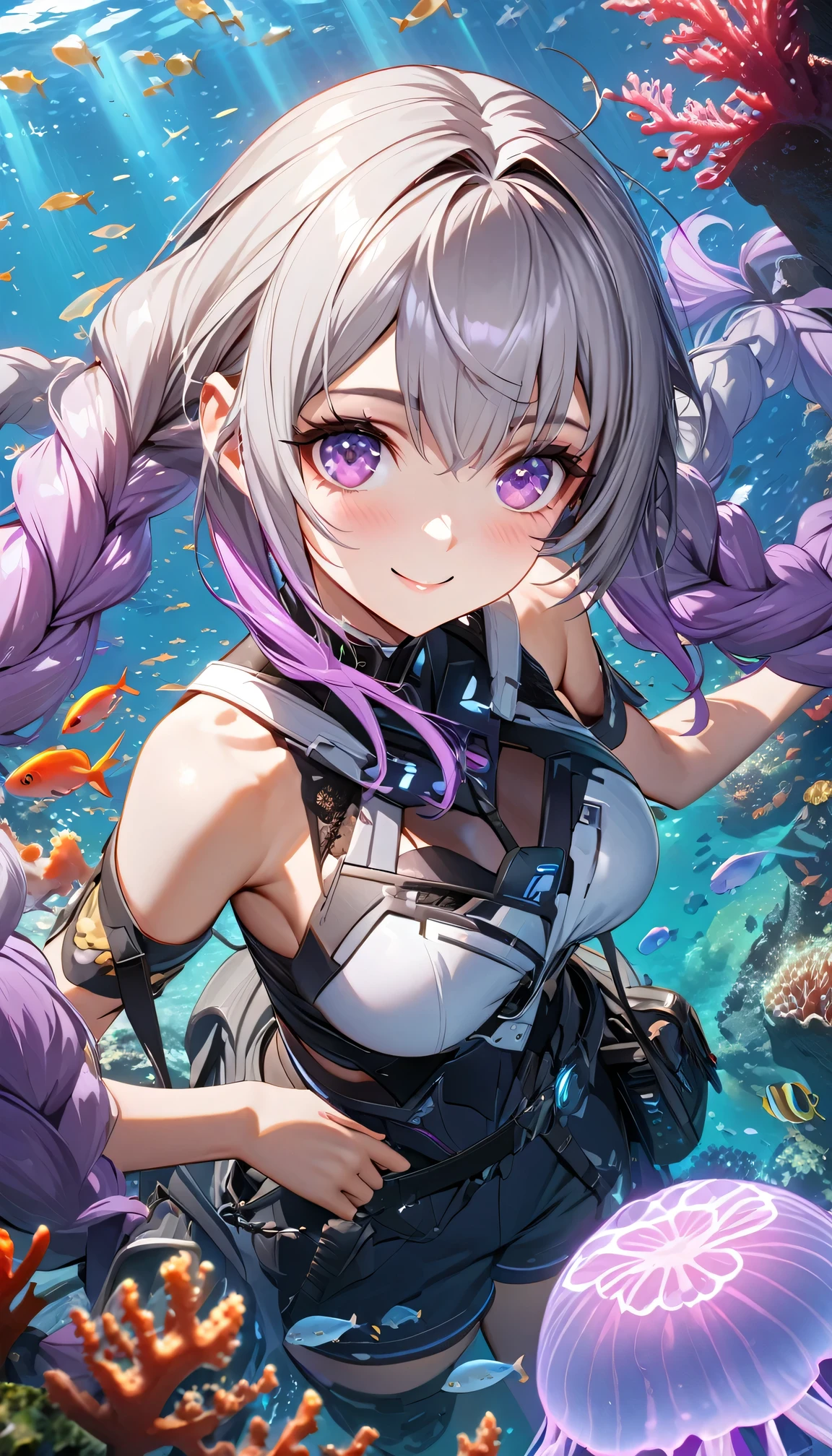 masterpiece, best quality, (Very detailed CG Unity 8k wallpaper), (best quality), (Best Illustration), (Best shadow), Ocean theme with natural elements, Under the Sea, yinji , 1 Girl, purple hair,purple eyes,very long hair,grey hair,double braid,gradient hair, Smile, Beautiful Face,Glowing jellyfish, Surrounded by fish, Luminous Particle Effects,Marine plants, Glowing algae, coral, (Particle Effects), Octane Rendering, Ray Tracing, Super detailed