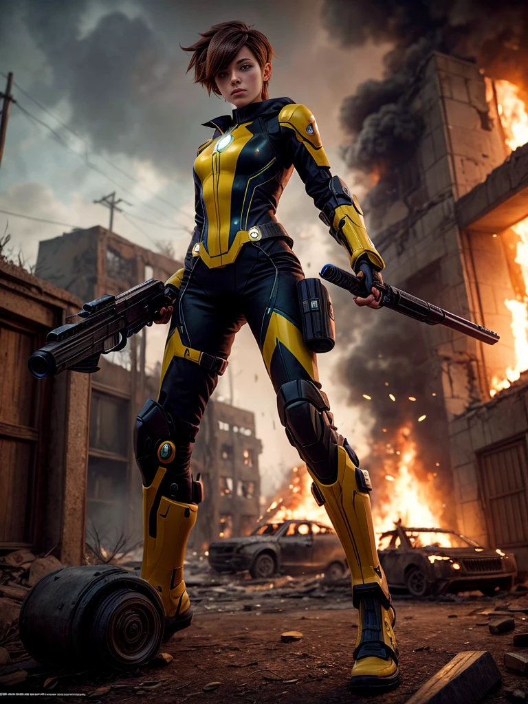 original photo, Girl 18 years old , Pretty Face, Beautiful facial features, Sweaty face, Dirty long blonde hair, Windswept hair, Wearing pure rainbow-colored transparent futuristic armor, , Set in a desolate post-apocalyptic setting, Action poses, Holding a futuristic laser rifle aiming forward and shooting, Destroyed buildings, Burnt chariot, Tracer bullets appear in the background, Depressing atmosphere, night, Photo realism, Sharp focus, fall out, Science fiction, Scenes,