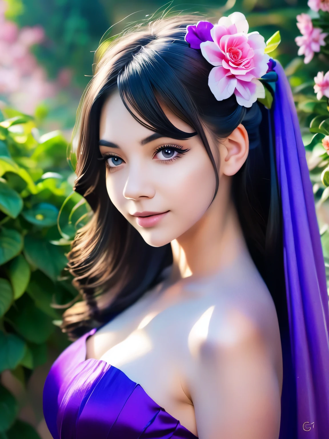 a close up of a woman in a dress with a flower on her head, a digital painting by Li Song, trending on cgsociety, fantasy art, a beautiful artwork illustration, beautiful illustration, beautiful!!! digital art, exquisite digital illustration, dreamy illustration, beautiful digital illustration, draped in purple, dressed in purple, gorgeous digital art, beautiful gorgeous digital art