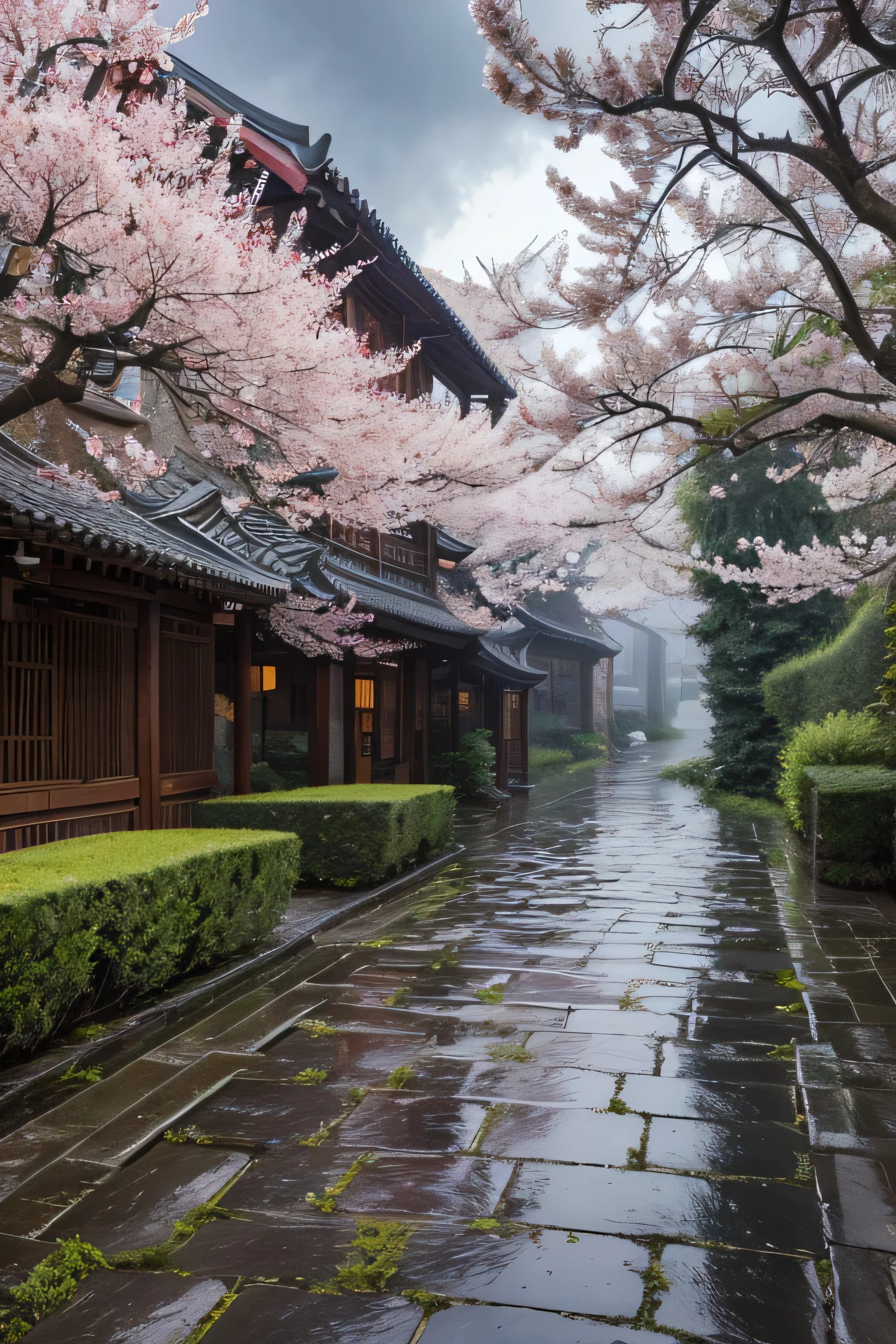 Create an image of a rain-soaked cobblestone street lined with vibrant Osmanthus fragrans in full bloom under an overcast sky. The trees should arch over the path, shedding petals onto the wet stones, which reflect the soft, diffuse light. The setting should evoke a tranquil, slightly melancholic mood, enhanced by the gentle rainfall and the soft focus that blurs the distant part of the path.The entire scene highlights a strong Chinese style