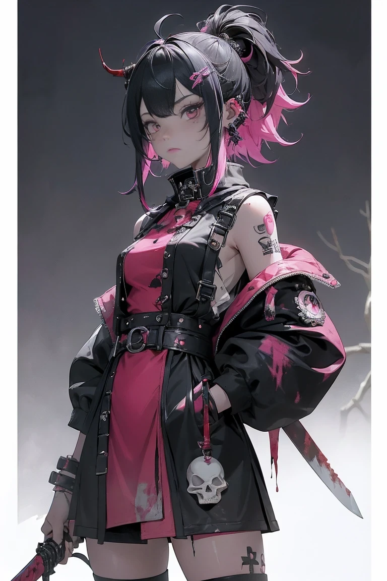 (Highest quality、8ก、32k、Masterpiece、do not have:1.3)、(Real photos:1.4),(shot from the front,look at viewer:1.5)、((18 year old punk girl,Weird punk hair:1.3)),((fashion red black dress:1.5)),(holding a skull:1.5)Clothes with buttons、((He held a long sword stained with blood..:1.5))、((There was something like a weapon behind it.))、(Black and bright pink hair:1.5),Weird makeup、、black and white background,Behind is a dead forest.,full moon、(movie light)、Depth of the written region,blurred background、