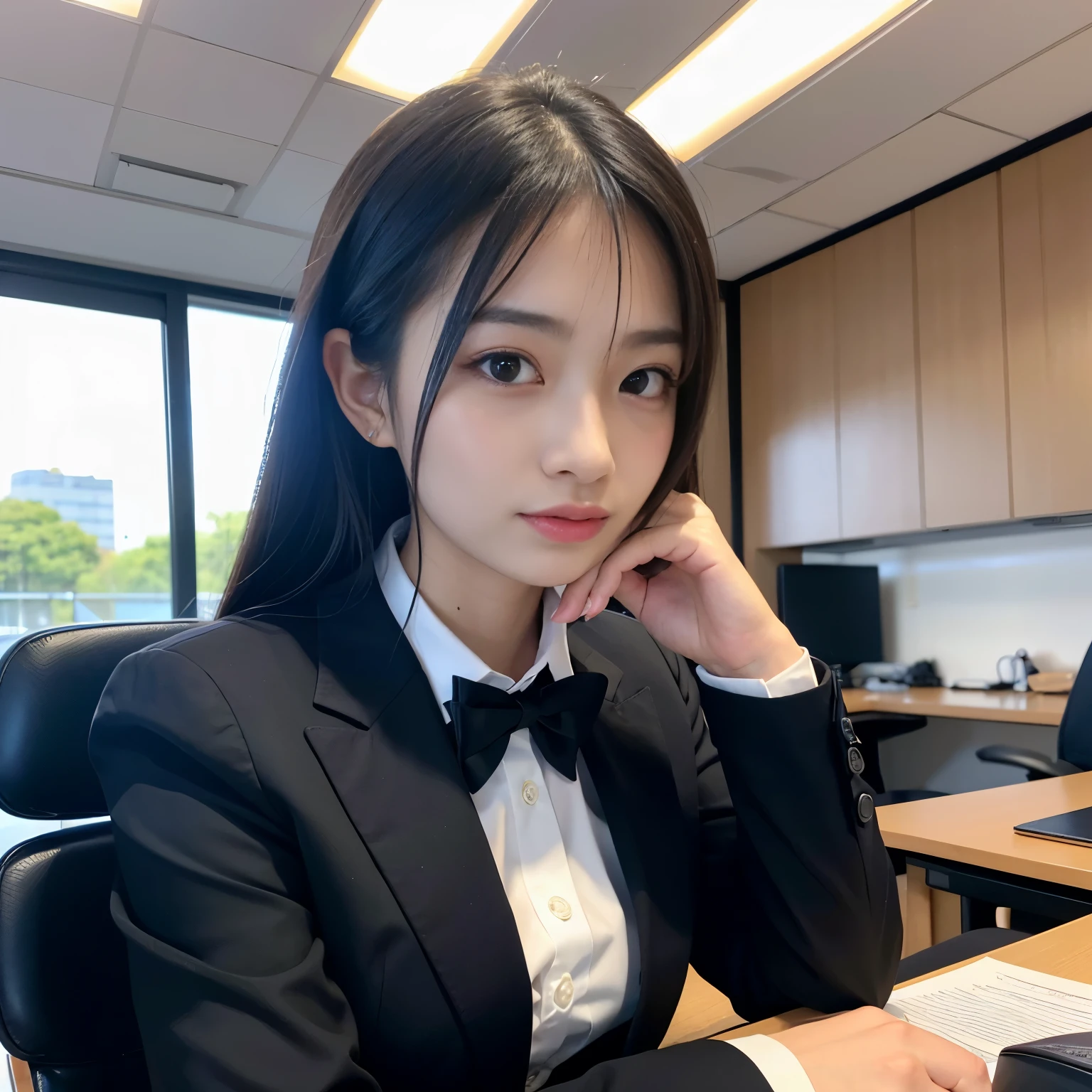(Best-quality, Masterpiece, Ultra-High-Resolution, (Photorealistic:1.4), Raw Photo, depth of field, professional lighting, perfect anatomy, extremely details), 1girl, 15-years-old, the most famous Japanese idol, portrait, sitting on business chair at office, wearing formal business-suit, extremely cute face like the most popular Japanese idol, extremely beautiful big-black-eyes, extremely beautiful hair, extremely beautiful skins, extremely beautiful long-eyelashes, extremely beautiful lips, looking at viewer, ((feeling very strong sexual arousal and very strong sexual pleasure)), detailed office, detailed formal-business-suit, detailed business-chair