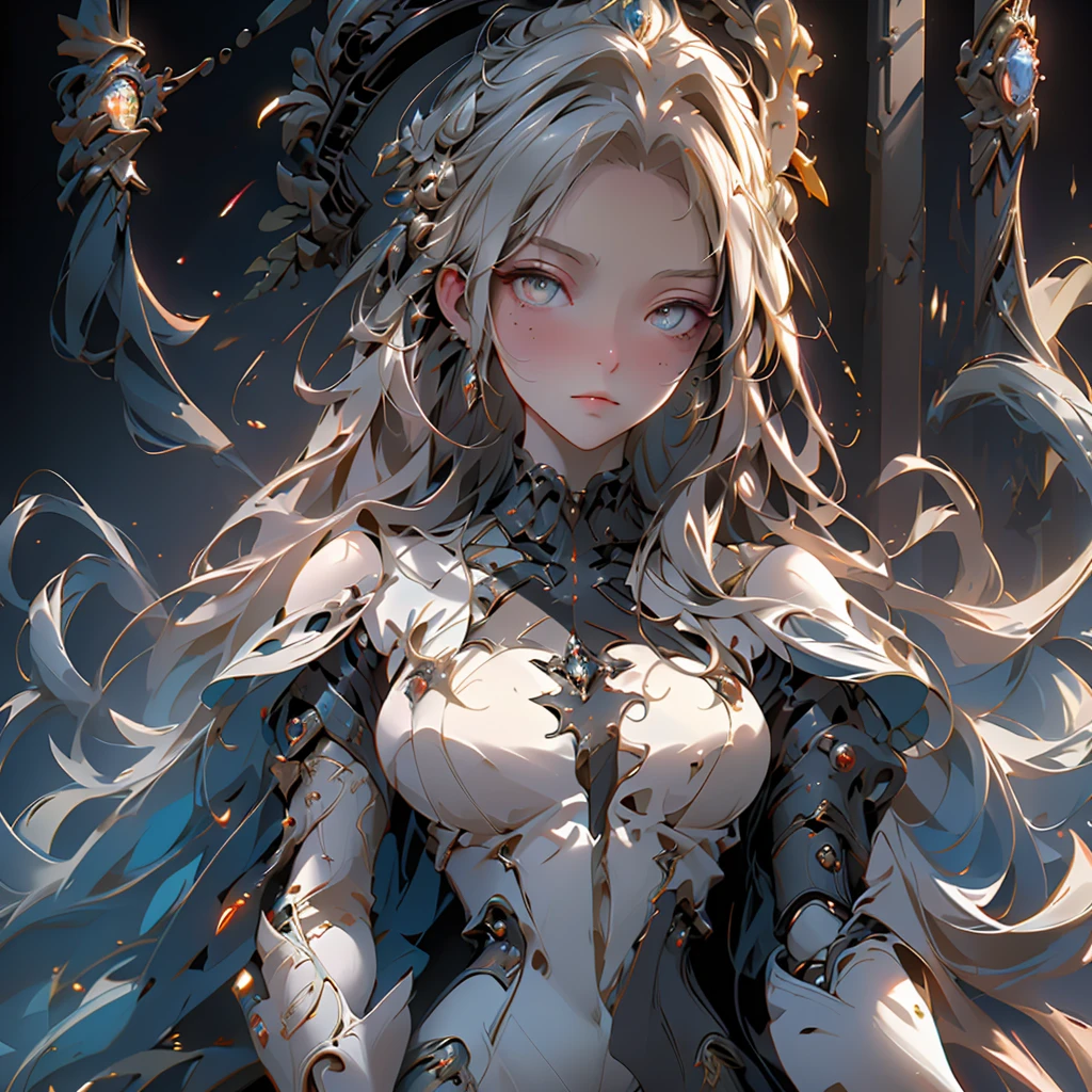(best quality,realistic)A regal princess sits on the throne of her castle, her expression serious and commanding. She is adorned in highly detailed royal attire with a distinct sci-fi style, combining elegance with futuristic elements. Her long, flowing silver hair contrasts beautifully with her piercing yellow eyes. The opulent royal chamber around her is meticulously designed, featuring warm tones and illuminated by soft amber lights, all in a sophisticated sci-fi aesthetic.