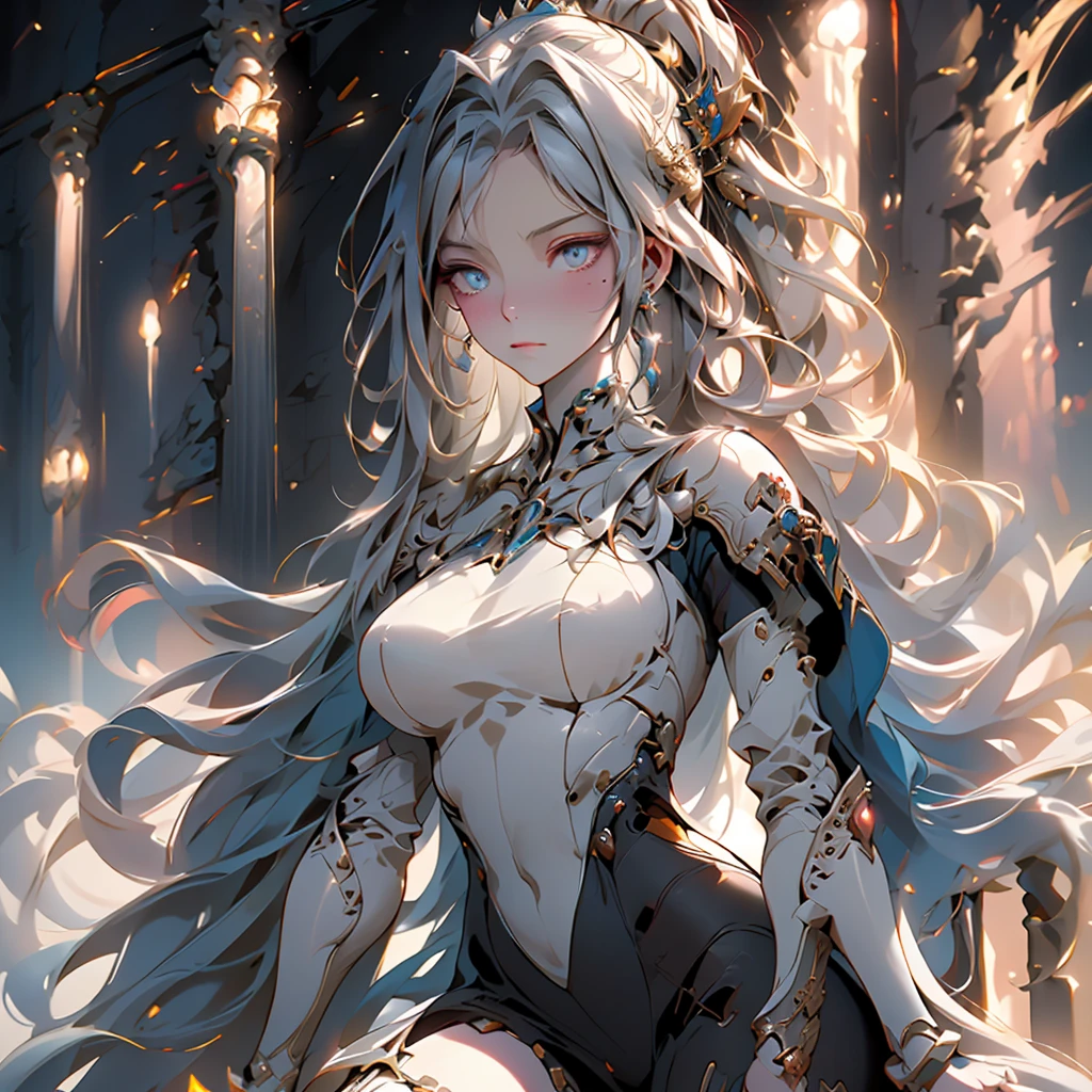 (best quality,realistic)A regal princess sits on the throne of her castle, her expression serious and commanding. She is adorned in highly detailed royal attire with a distinct sci-fi style, combining elegance with futuristic elements. Her long, flowing silver hair contrasts beautifully with her piercing yellow eyes. The opulent royal chamber around her is meticulously designed, featuring warm tones and illuminated by soft amber lights, all in a sophisticated sci-fi aesthetic.