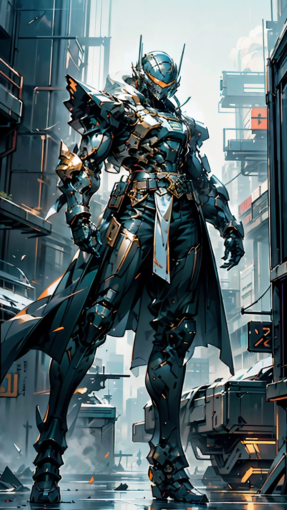 A man wearing a full-face helmet, a fantasy-style biotech armored combat suit, green eyes, (a composite layered chest armor), fully enclosed shoulder guards, matching arm and leg guards, the belt is adorned with cross, (the color scheme is primarily white with golden and blue accents), the design balances heavy with agility, a high-tech bio-mecha armor, (Armor Concept Inspired by Paladin, stand on the top of a skyscraper in a futuristic sci-fi city), this character embodies a finely crafted fantasy-surreal style armored hero in anime style, exquisite and mature manga art style, (battle damage, element, plasma, energy, the armor glows), ((male:1.5)), metallic, real texture material, dramatic, high definition, best quality, highres, ultra-detailed, ultra-fine painting, extremely delicate, professional, perfect body proportions, golden ratio, anatomically correct, symmetrical face, extremely detailed eyes and face, high quality eyes, creativity, RAW p