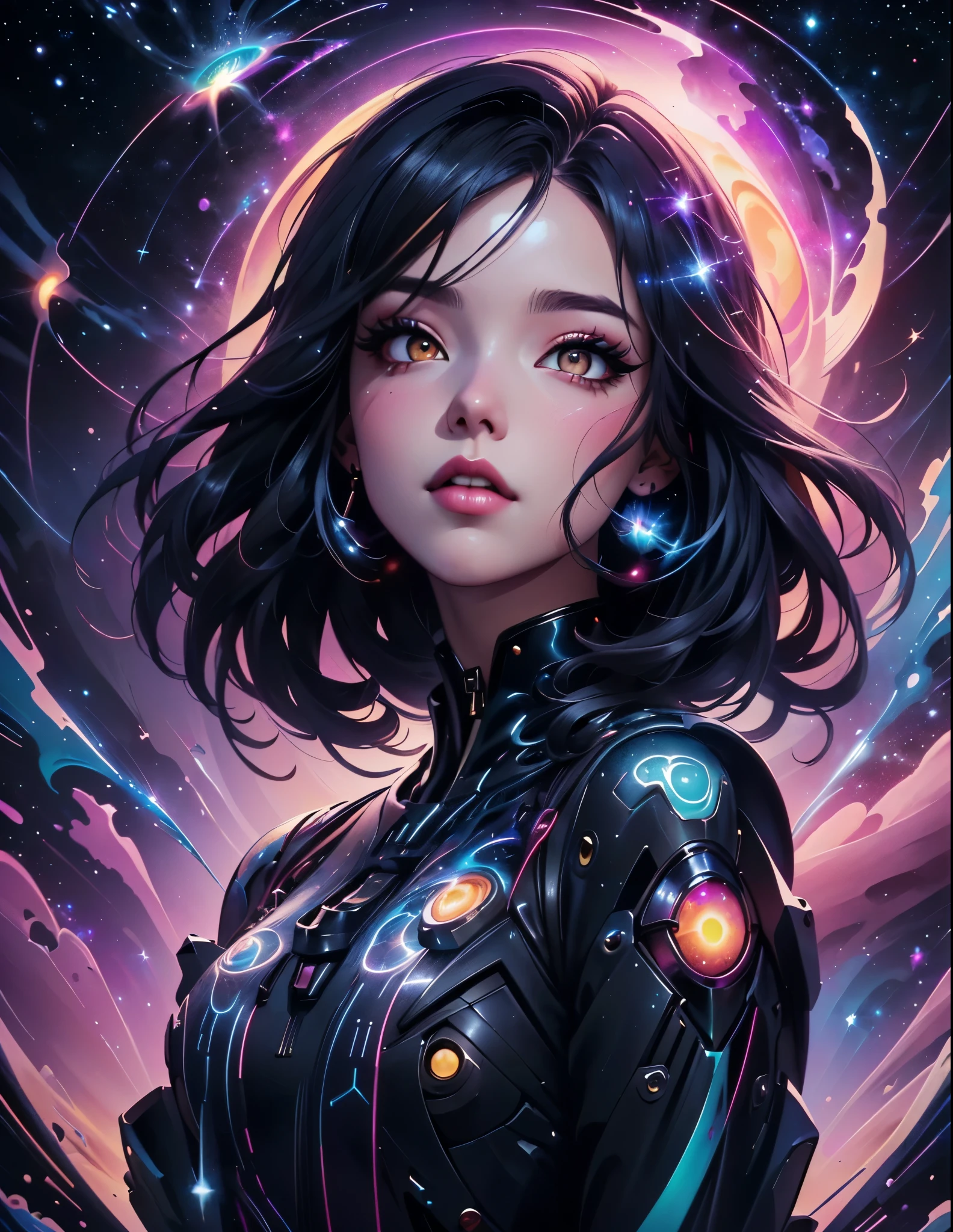 a woman with a black hair and a black top is standing in front of a galaxy, beeple and jeremiah ketner, artgerm julie bell beeple, neoartcore and charlie bowater, jen bartel, greg beeple, stunning digital illustration, alice x. zhang, artgerm jsc, rossdraws cartoon vibrant