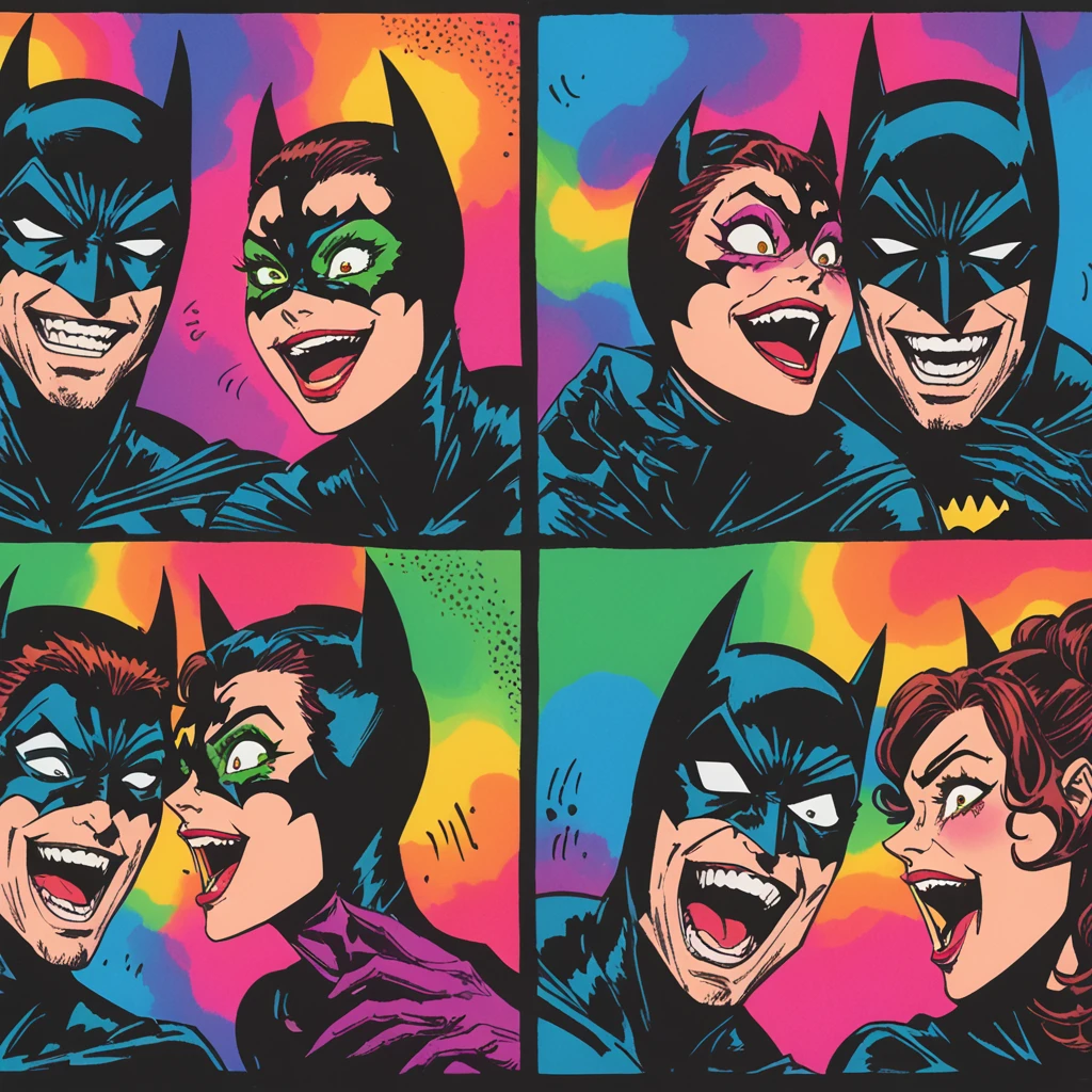 thermal iridescence effect, roygbiv vibrant neon color hues, joelle jones blended with sean gordon murphy style reference, hand drawn expressive bold ink line illustration, couple portrait, photo booth photo strip, four photo panels, duo couple Batman and Catwoman making intentionally silly faces trying to make each other laugh, containing laughter, silly, hilarious, strange, hyper maximal, intense, absurd