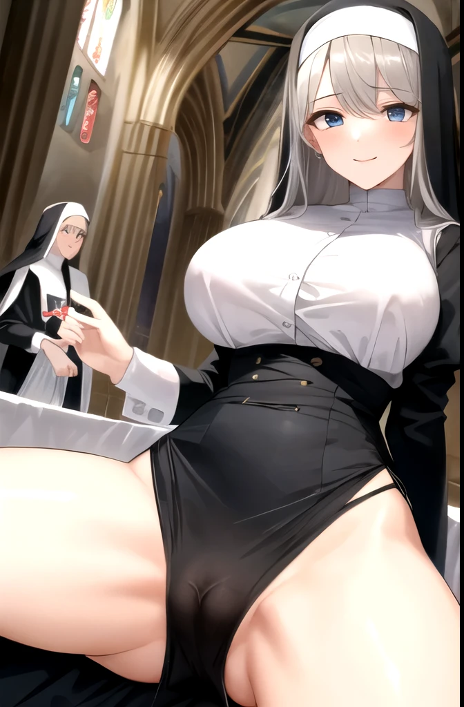 Straight gray hair、Blue Eyes、Big Breasts, Smiled、clergyman:1.5、Nun Dress，Slit Sisters Dress、Pretty black outfit:1.5、Inside the church、(highest quality),(High resolution),(full intricate details),(Full and detailed face),(Very high quality artwork),(Extremely detailed 8K CG),((Perfect piece) ), (((masterpiece)))、 Late teens、thin waist and limbs、ultiple Girls、A large amount of white mucus was splashed on:1.5、Sweat:1.5、Spread your legs、Exposed genitals:1.5、White mucus coming out of the genitals:1.5、