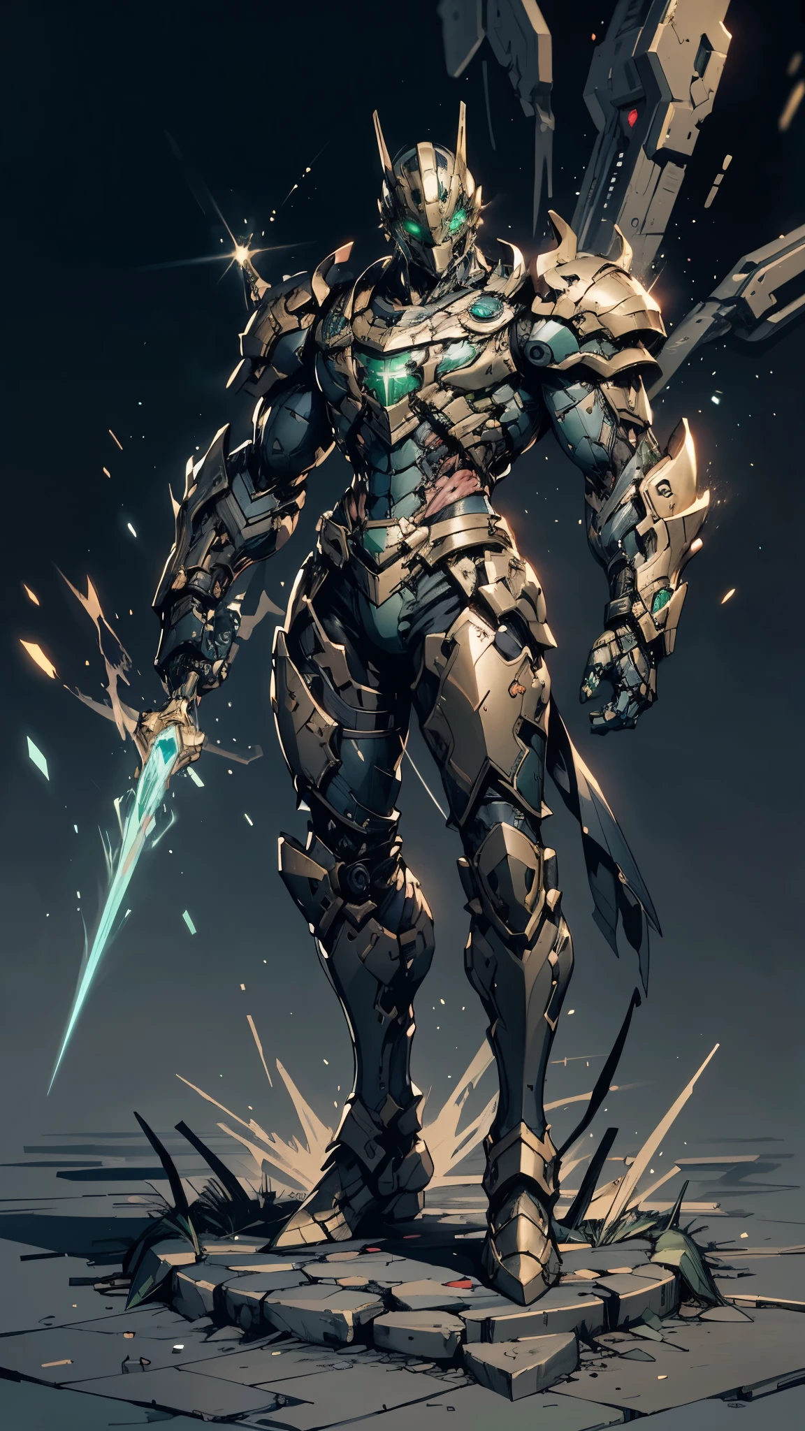 A man wearing a full-face helmet, a fantasy-style biotech armored combat suit, green eyes, (a composite layered chest armor), fully enclosed shoulder guards, matching arm and leg guards, the belt is adorned with cross, (the color scheme is primarily white with golden and blue accents), the design balances heavy with agility, a high-tech bio-mecha armor, (Armor Concept Inspired by Paladin, stand on the top of a skyscraper in a futuristic sci-fi city), this character embodies a finely crafted fantasy-surreal style armored hero in anime style, exquisite and mature manga art style, (battle damage, element, plasma, energy, the armor glows), ((male:1.5)), metallic, real texture material, dramatic, high definition, best quality, highres, ultra-detailed, ultra-fine painting, extremely delicate, professional, perfect body proportions, golden ratio, anatomically correct, symmetrical face, extremely detailed eyes and face, high quality eyes, creativity, RAW p