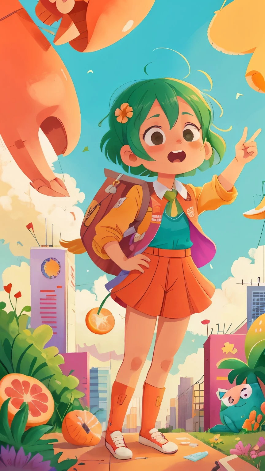 • *Fondo:* El cielo sobre la ciudad.
• *Personajes:* Vitamina C, a brilliant superhero, descendiendo del cielo.
• *Detalles:* Vitamina C lleva L traje naranja con una gran letra
"C" en el pecho, una capa verde