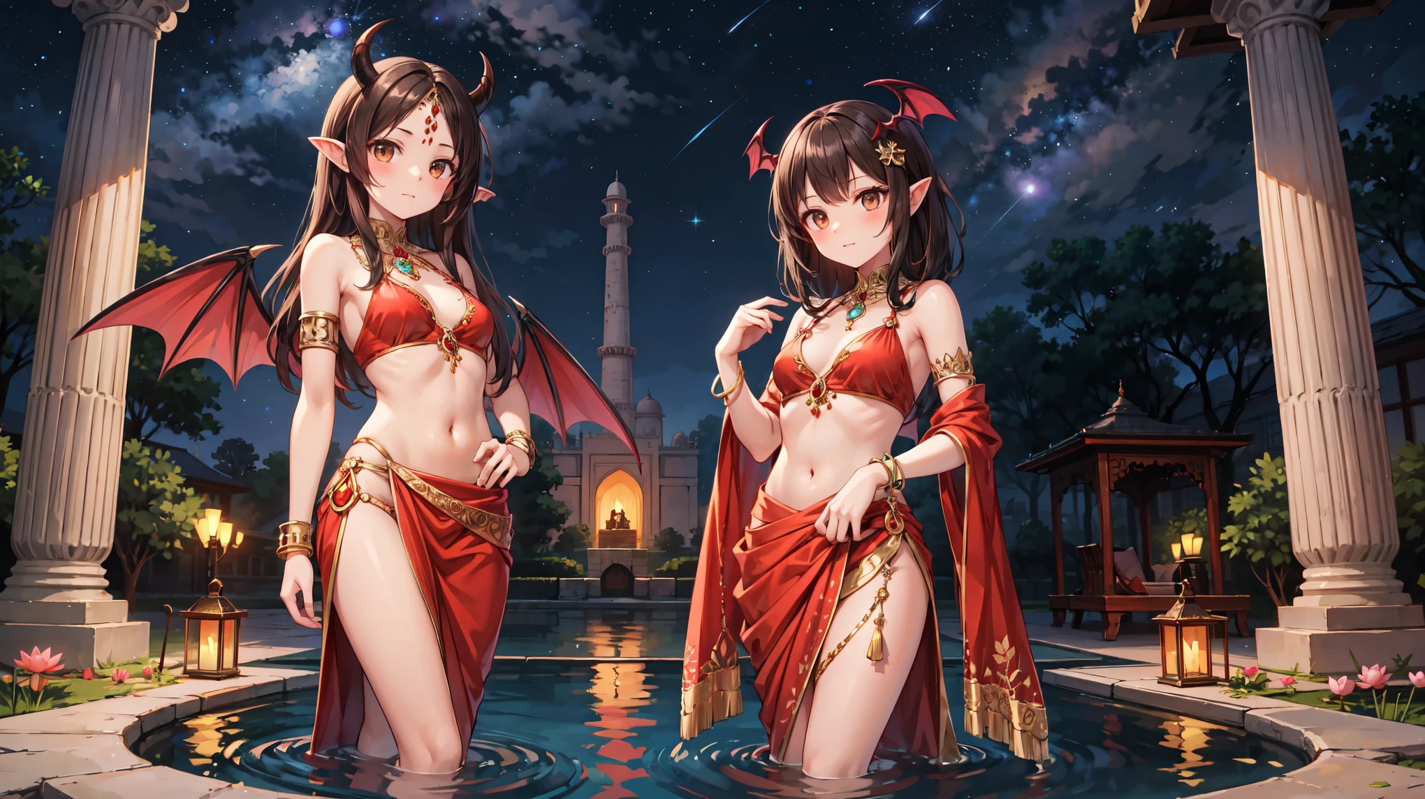 "A seductive succubus with curly black hair, brown eyes, and brown skin. She has a well-proportioned figure with exotic charm, small golden horns, and red bat wings. She is wearing an elaborate saree in red and gold with intricate embroidery and beadwork, featuring a high slit. She is adorned with traditional Indian jewelry, including a forehead ornament and bangles. The succubus occupies most of the frame, standing prominently. The background is a traditional Indian courtyard with a lotus pond and carved stone pillars, or a night scene at the Taj Mahal with lighting and a starry sky.",