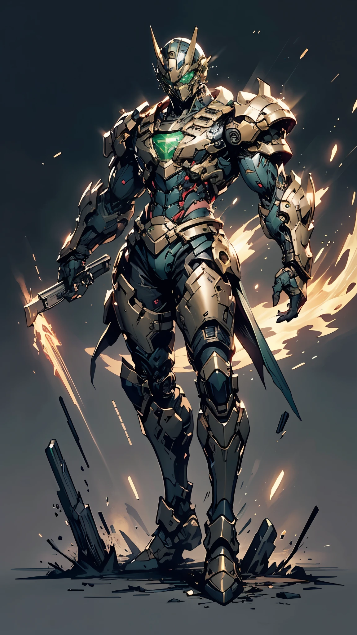 A man wearing a full-face helmet, a fantasy-style biotech armored combat suit, green eyes, (a composite layered chest armor), fully enclosed shoulder guards, matching arm and leg guards, the belt is adorned with cross, (the color scheme is primarily white with golden and blue accents), the design balances heavy with agility, a high-tech bio-mecha armor, (Armor Concept Inspired by Paladin, stand on the top of a skyscraper in a futuristic sci-fi city), this character embodies a finely crafted fantasy-surreal style armored hero in anime style, exquisite and mature manga art style, (battle damage, element, plasma, energy, the armor glows), ((male:1.5)), metallic, real texture material, dramatic, high definition, best quality, highres, ultra-detailed, ultra-fine painting, extremely delicate, professional, perfect body proportions, golden ratio, anatomically correct, symmetrical face, extremely detailed eyes and face, high quality eyes, creativity, RAW p