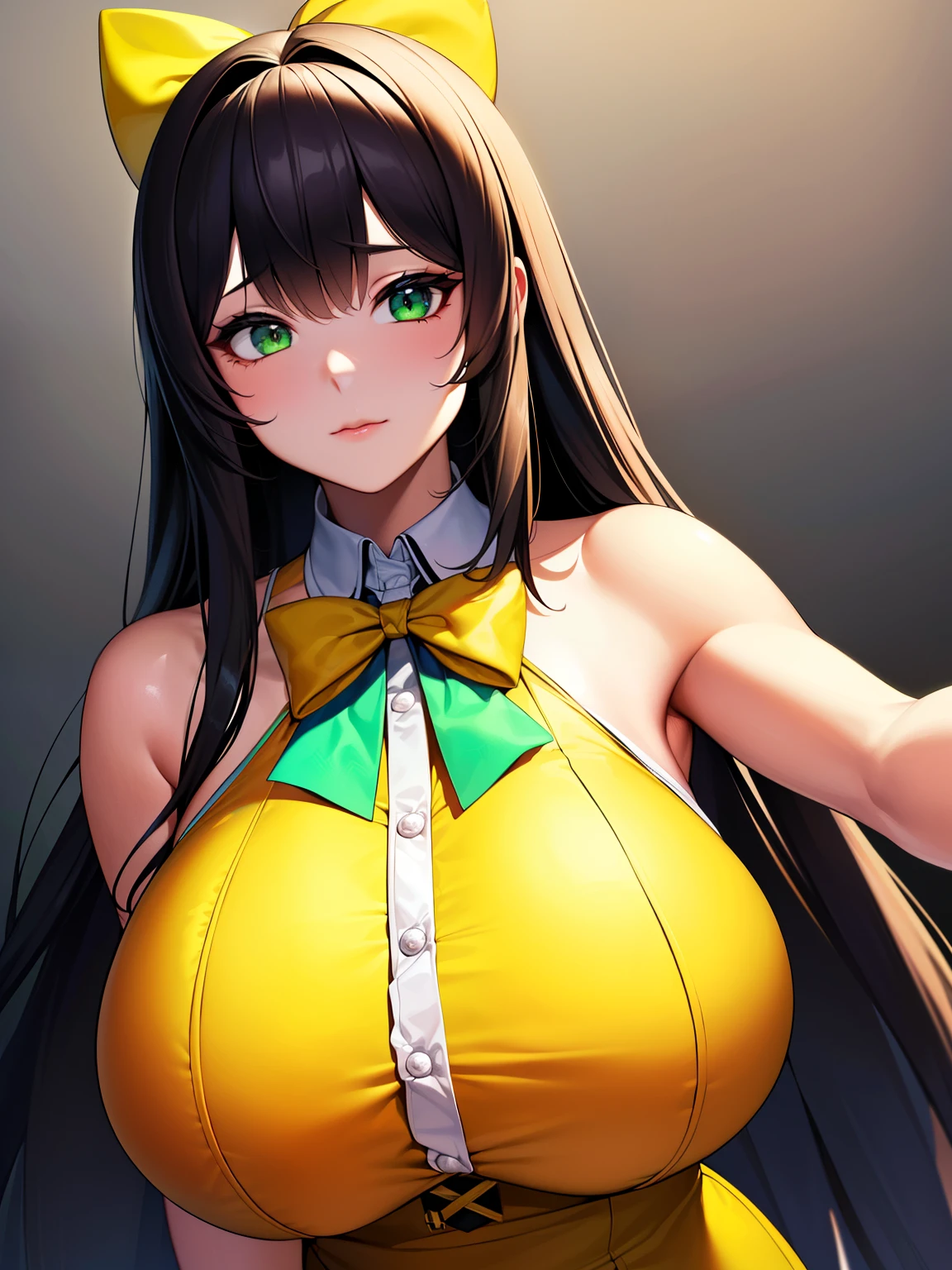 (8K, Best quality, tmasterpiece:1.2),\(eye detailed\),(\(Clothes detail details\)\),full bodyesbian,(huge tit),(Facial focus) ,Very detailed CG unity 8K wallpaper,hugefilesize,ultra - detailed,A high resolution,absurderes,beautidful eyes,Ray traching,dramatic shadow,finely detailled,Dramatic angles,Hyper-detailing,(1 girl:1.3),(Solo),,Mature female,Long hair black,Green eyes,Wearing(cosplaying_magical girl,very cute yellow dress with ruffles,Large Ribbon Bow Tie Back),