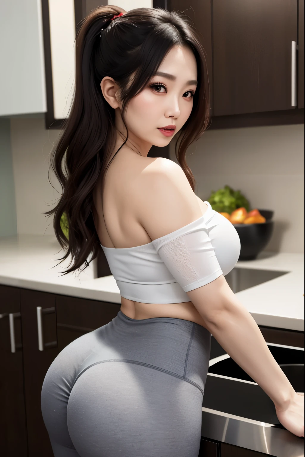 Beautifull, mother-in-law, japanese, off shoulder crop top, sexual expression, in the kitchen, voluptuous, legging, yoga pants