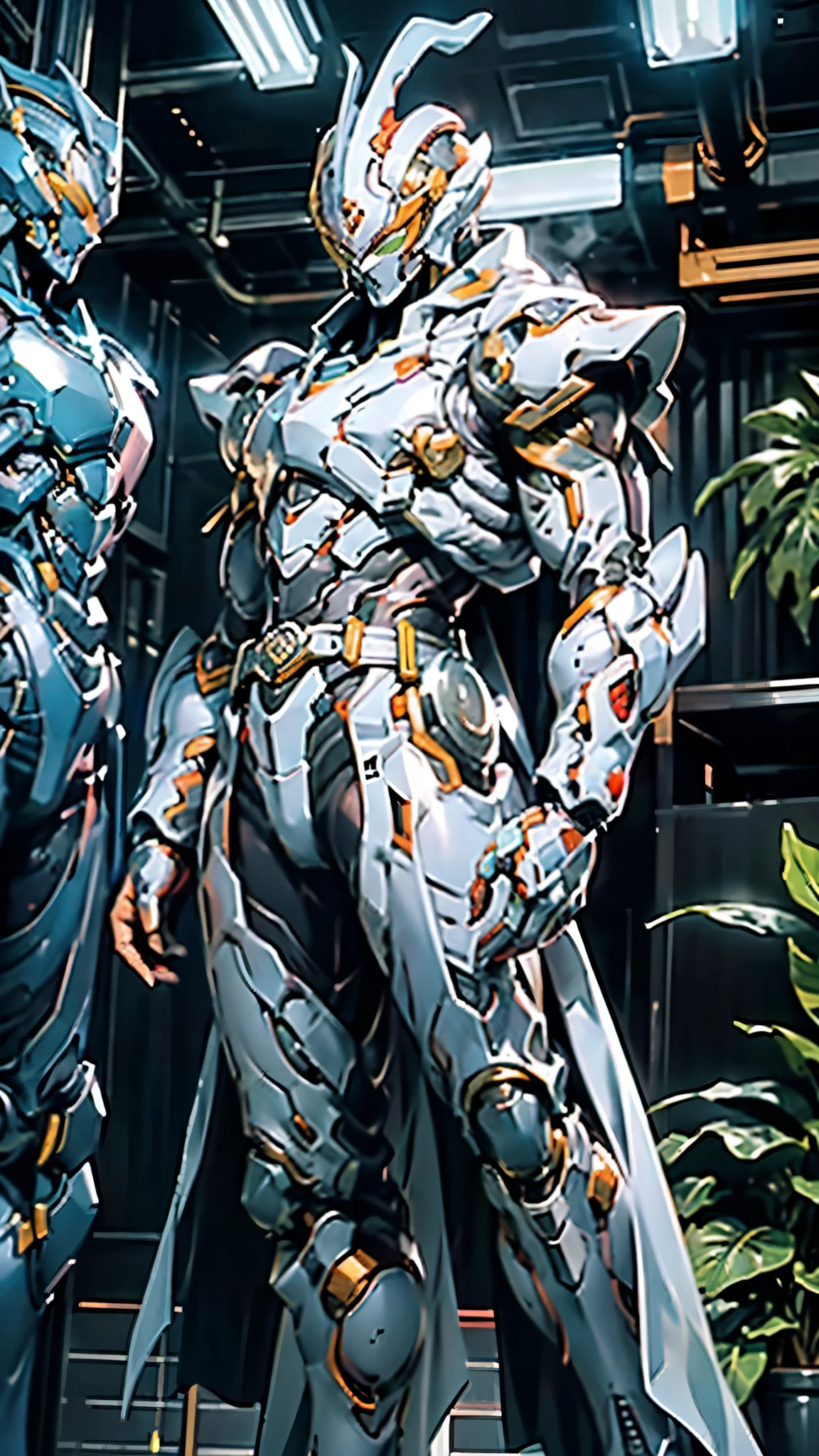 A man wearing a full-face helmet, a fantasy-style biotech armored combat suit, green eyes, (a composite layered chest armor), fully enclosed shoulder guards, matching arm and leg guards, the belt is adorned with cross, (the color scheme is primarily white with golden and blue accents), the design balances heavy with agility, a high-tech bio-mecha armor, (Armor Concept Inspired by Paladin, stand on the top of a skyscraper in a futuristic sci-fi city), this character embodies a finely crafted fantasy-surreal style armored hero in anime style, exquisite and mature manga art style, (battle damage, element, plasma, energy, the armor glows), ((male:1.5)), metallic, real texture material, dramatic, high definition, best quality, highres, ultra-detailed, ultra-fine painting, extremely delicate, professional, perfect body proportions, golden ratio, anatomically correct, symmetrical face, extremely detailed eyes and face, high quality eyes, creativity, RAW p