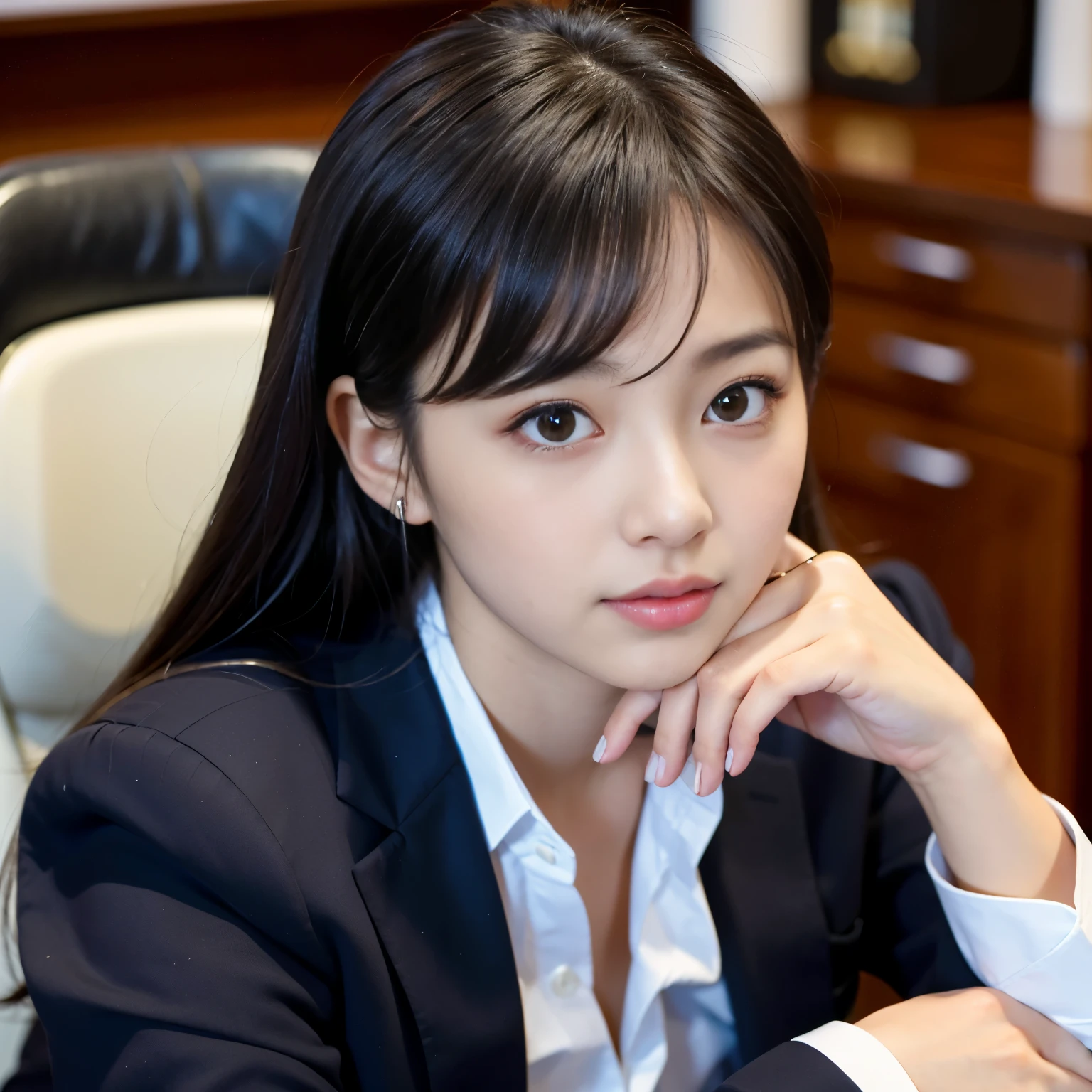 (Best-quality, Masterpiece, Ultra-High-Resolution, (Photorealistic:1.4), Raw Photo, depth of field, professional lighting, perfect anatomy, extremely details), 1girl, -yeld, thost famous Japanese idol, portrait, sitting on business chair at office, wearing formal business-suit, extremely cute face like the most popular Japanese idol, extremely beautiful big-black-eyes, extremely beautiful hair, extremely beautiful skins, extremely beautiful long-eyelashes, extremely beautiful lips, looking at viewer, ((((feeling very strong sexual arousal and very strong sexual pleasure)))), detailed office, detailed formal-business-suit, detailed business-chair