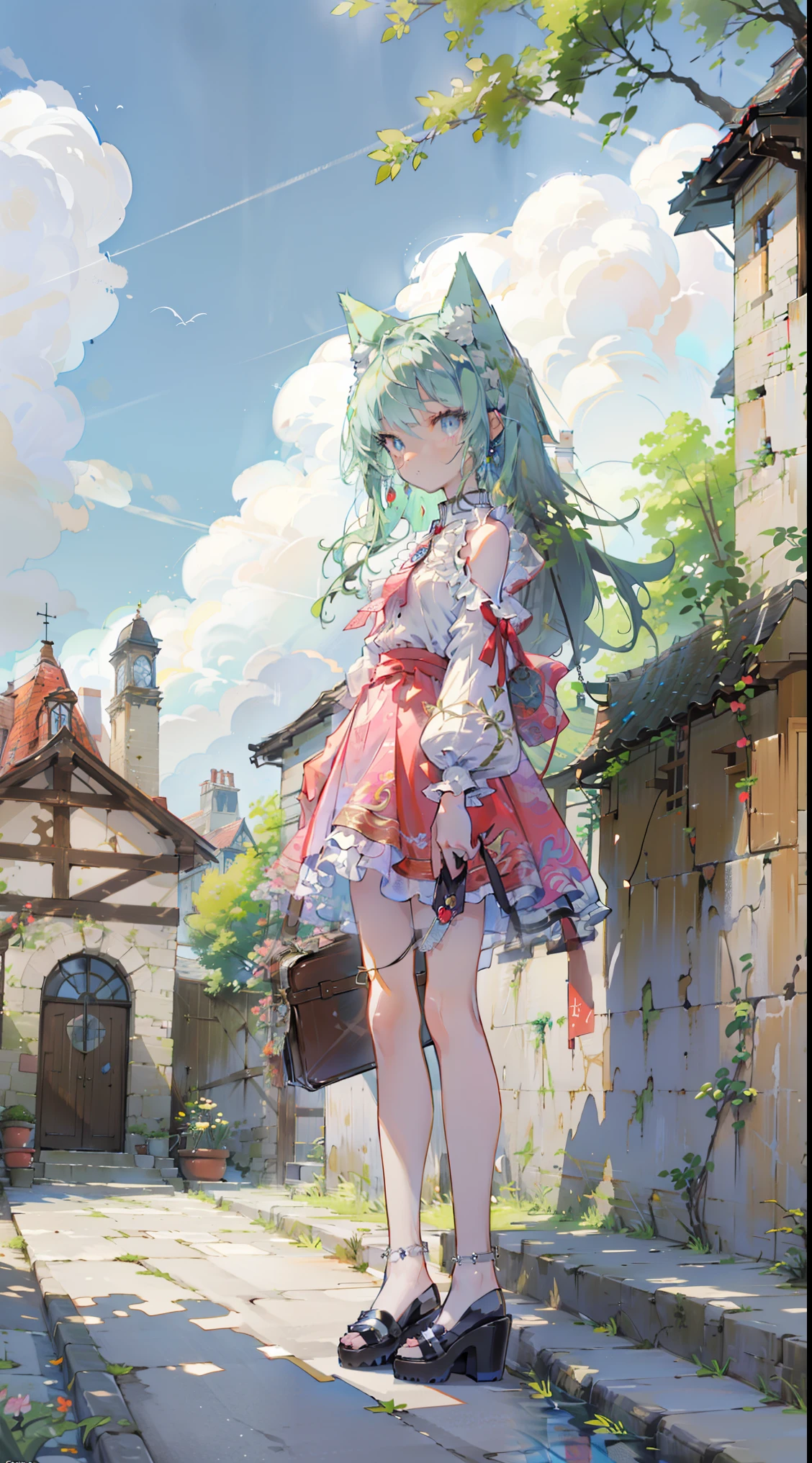 (Masterpiece, highest quality: 1.1), Ghibli style, solo, full body, standing pose with arms outstretched, cat ears, landscape, summer landscape, clouds, heroine, high heels, long hair, green hair, blue eyes, pink eyes, sparkling jewel-like eyes, long eyelashes, transparency, red jewel summer lace outfit, glass bottle body, glass girl, transparent, wavy hair