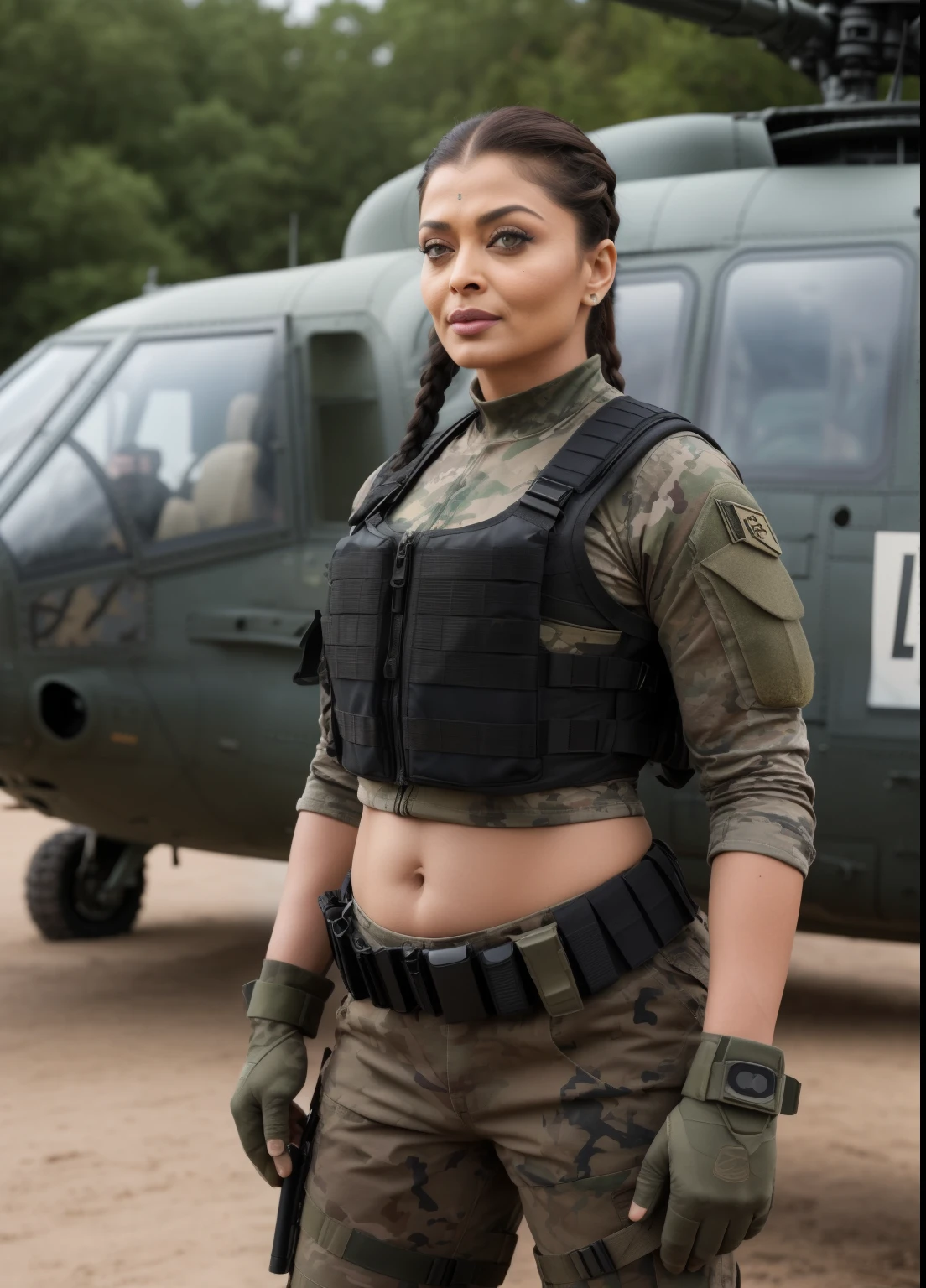 45yo MATURE MILF AISHWARYA RAI, with assault riffle in hands, (photorealistic), beautiful lighting, best quality, realistic, full body portrait, real picture, intricate details, depth of field, 45-years-old, standing next to army helicopter, A very attractive milf sexy solider girl with ((single ponytail hair)), wearing black shorts and tight crop top, knee high boots, camo plate carrier rig, combat gloves, (kneepads), highly-detailed, perfect face, hazel eyes, lips, wide hips, small waist, tall, make up, tacticool, Fujifilm XT3, outdoors, bright day, Beautiful lighting, RAW photo, 8k uhd, film grain, ((bokeh))