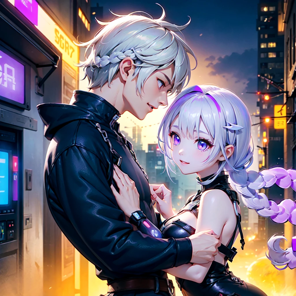 Disorganized、Man and woman couple、highest quality、Masterpiece、Official Art、16K、The best composition、The best light source、The girl has milky white hair with purple inner color, twin long braids, and black clothes in a cyberpunk style.、The man has milky white short hair and a cyberpunk look in white and light blue.、Gazing at each other、A kind smile、