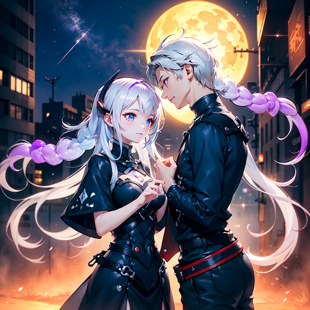 Disorganized、Man and woman couple、highest quality、Masterpiece、Official Art、16K、The best composition、The best light source、The girl has milky white hair with purple inner color, twin long braids, and black clothes in a cyberpunk style.、The man has milky white short hair and a cyberpunk look in white and light blue.、Gazing at each other、A kind smile、