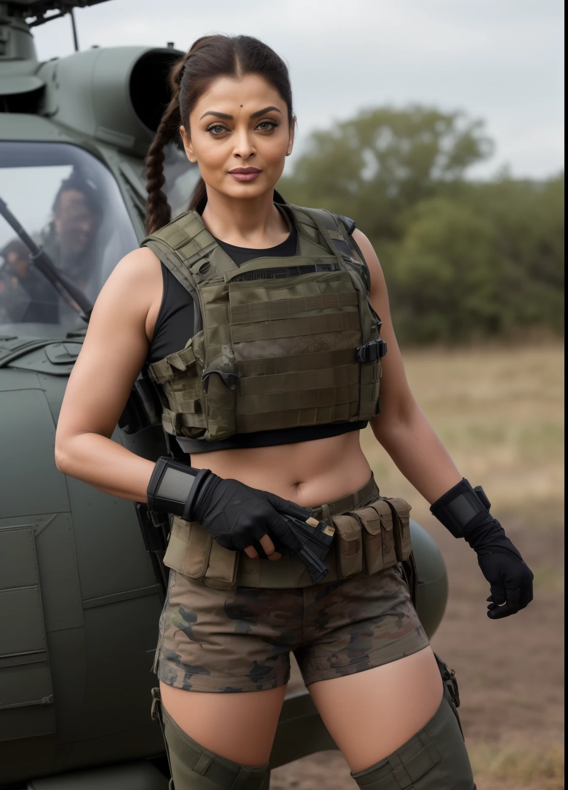 45yo MATURE MILF AISHWARYA RAI, with assault riffle in hands, (photorealistic), beautiful lighting, best quality, realistic, full body portrait, real picture, intricate details, depth of field, 45-years-old, standing next to army helicopter, A very attractive milf sexy solider girl with ((single ponytail hair)), wearing black shorts and tight crop top, knee high boots, camo plate carrier rig, combat gloves, (kneepads), highly-detailed, perfect face, hazel eyes, lips, wide hips, small waist, tall, make up, tacticool, Fujifilm XT3, outdoors, bright day, Beautiful lighting, RAW photo, 8k uhd, film grain, ((bokeh))
