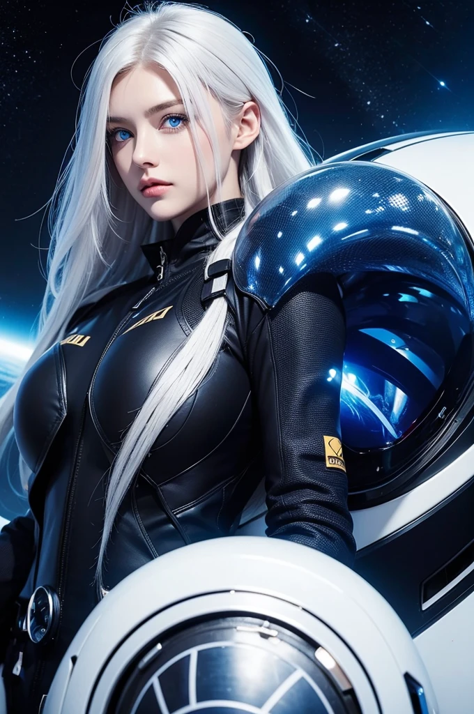 woman and ,Golden-white hair,blue eyes,,,Black space suit