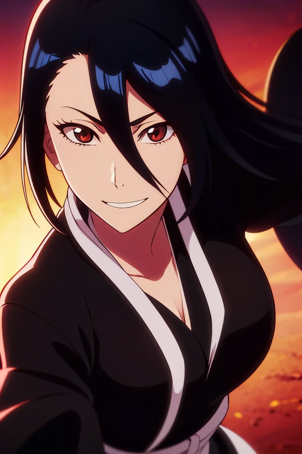 highres, anime, masterpiece, 1girl, solo, white skin, black kimono, ninja suit, no mask, brown eyes, black hair, long hair, long pony tail, samurai haircut, best quality, best face, (((((best eyes))))), good mood, smile