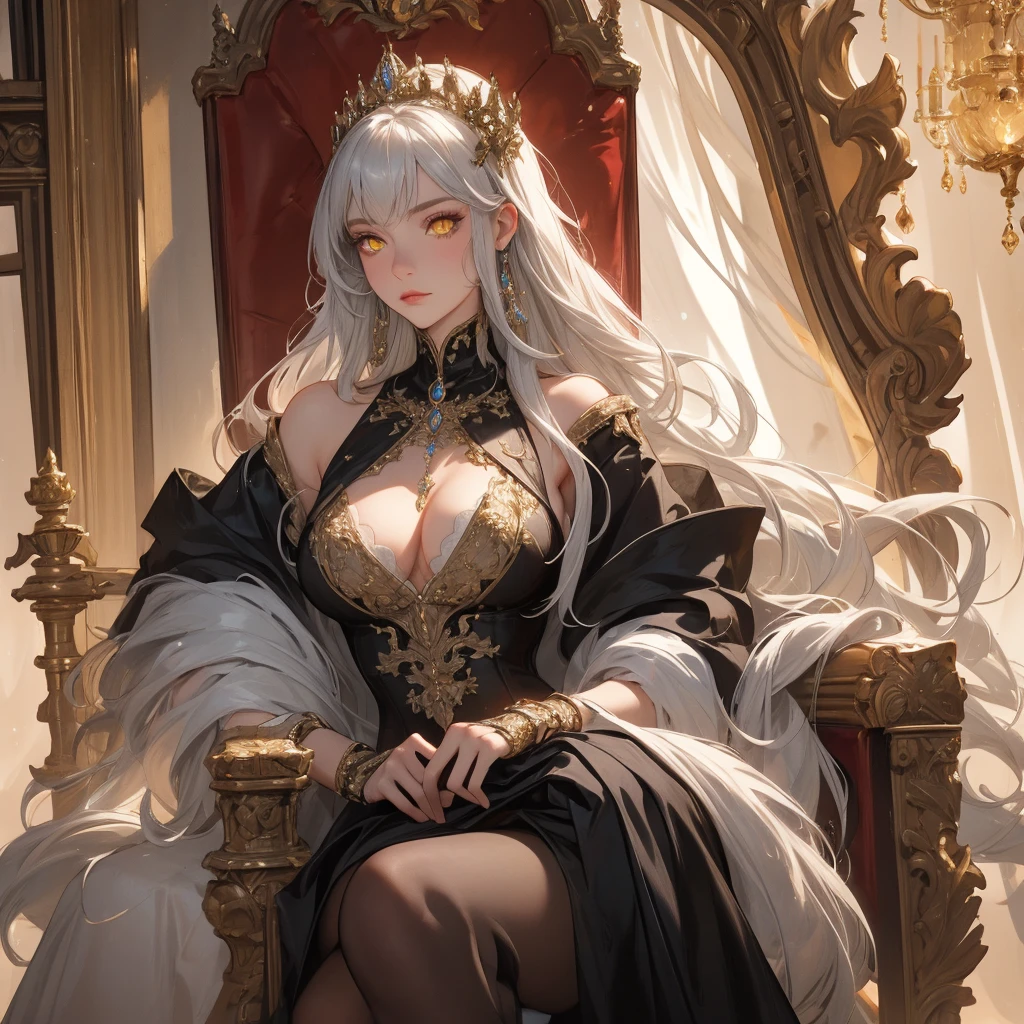 (best quality,realistic)A regal princess sits on the throne of her castle, her expression serious and commanding. She is adorned in highly detailed royal attire with a distinct sci-fi style, combining elegance with futuristic elements. Her long, flowing silver hair contrasts beautifully with her piercing yellow eyes. The opulent royal chamber around her is meticulously designed, featuring warm tones and illuminated by soft amber lights, all in a sophisticated sci-fi aesthetic.