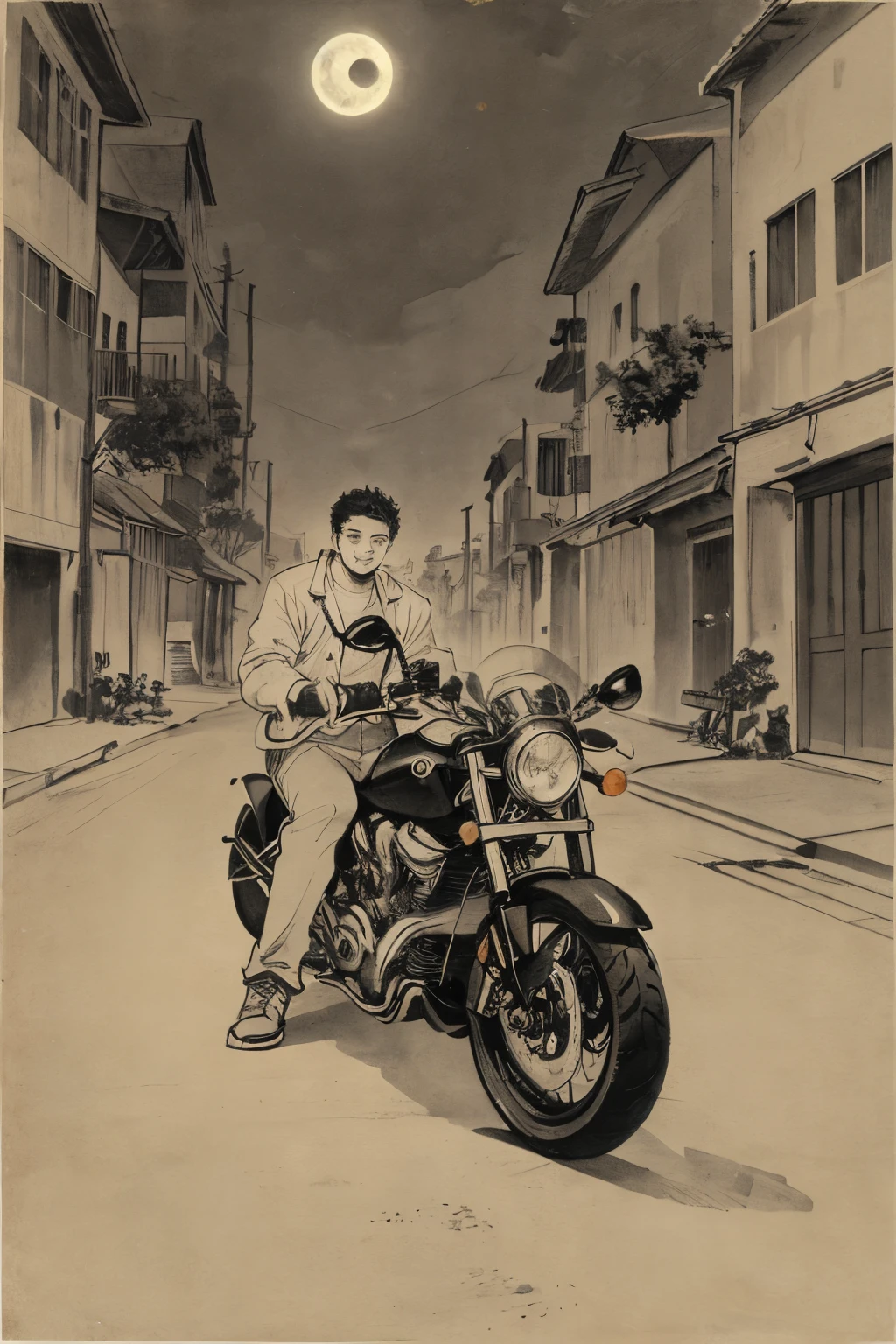 A young man with his cool motorcycle stopped , naranja, colear, oscuro , Obra maestra, Luna llena, alley