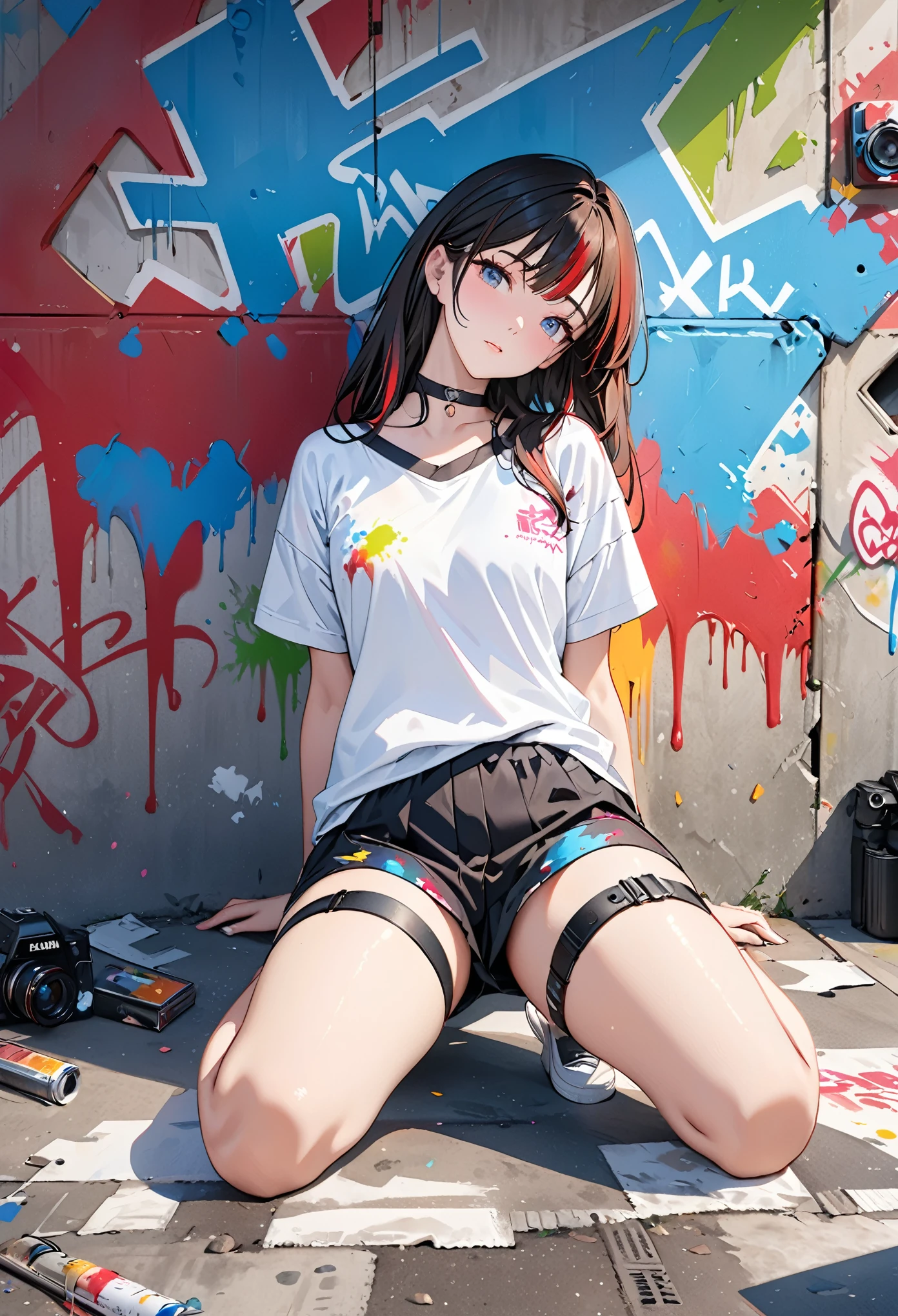 (masterpiece) 1girl,portrait,(8k, RAW photo, best quality, ultra high res, photorealistic, ultra-detailed),legs wide,kneeling,missionary,camera low,camera close,best quality,1girl,solo,streaked hair,choker,(graffiti:1.25),paint splatter,arms on hips,leaning back,looking at camera,armband,thigh strap,streaked hair,head down,head tilt,tight,thin,small,perfect face,ninym ralei,