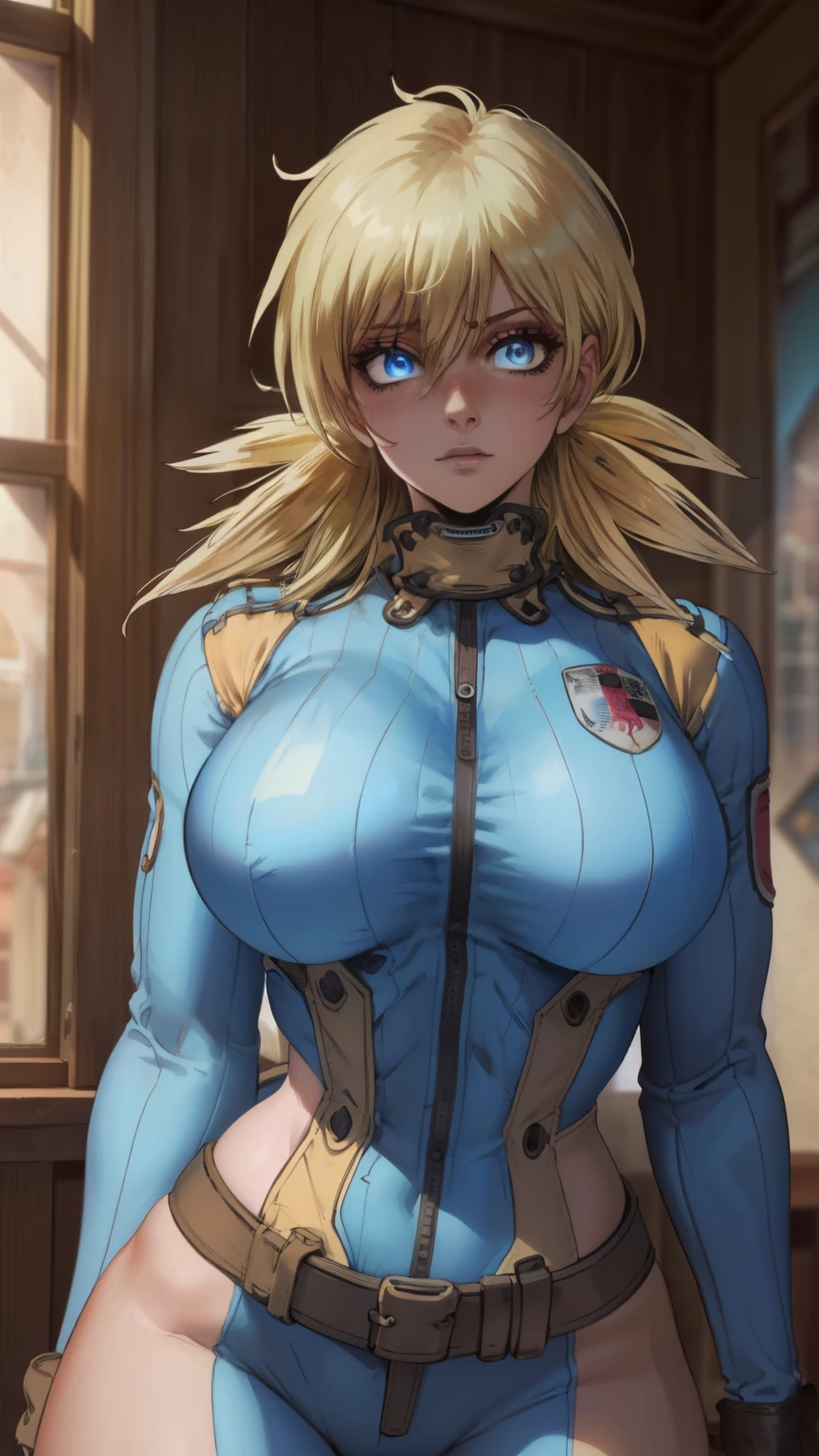 (masterpiece, highest quality, best quality, official art, beautiful and aesthetic: 1.2), (1girl), extremely detailed, (fractal art: 1.3), colorful, highest detailed, perfect face, upper body, HDR, ), vivid visual effects, (dynamic stripes, luminous traces: 1.2), long blonde hair, hellsing, integra, breast focus, breasts, large breasts, bare breasts, naked, nude, boob window, sexy, wide hips, thicc figure, Detailed blue eyes, Detailed face, Detailed eyes, bodysuit, one piece bodysuit, one piece suit