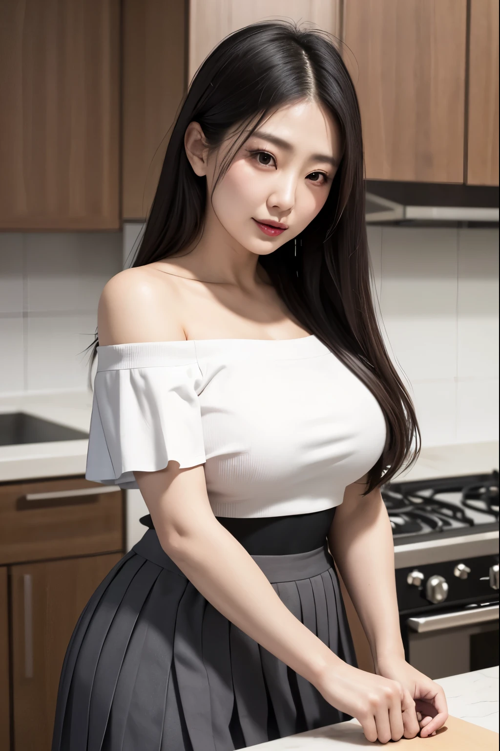 Beautifull, mother-in-law, japanese, off shoulder crop top, sexual expression, in the kitchen, voluptuous, high waist pleated skirt