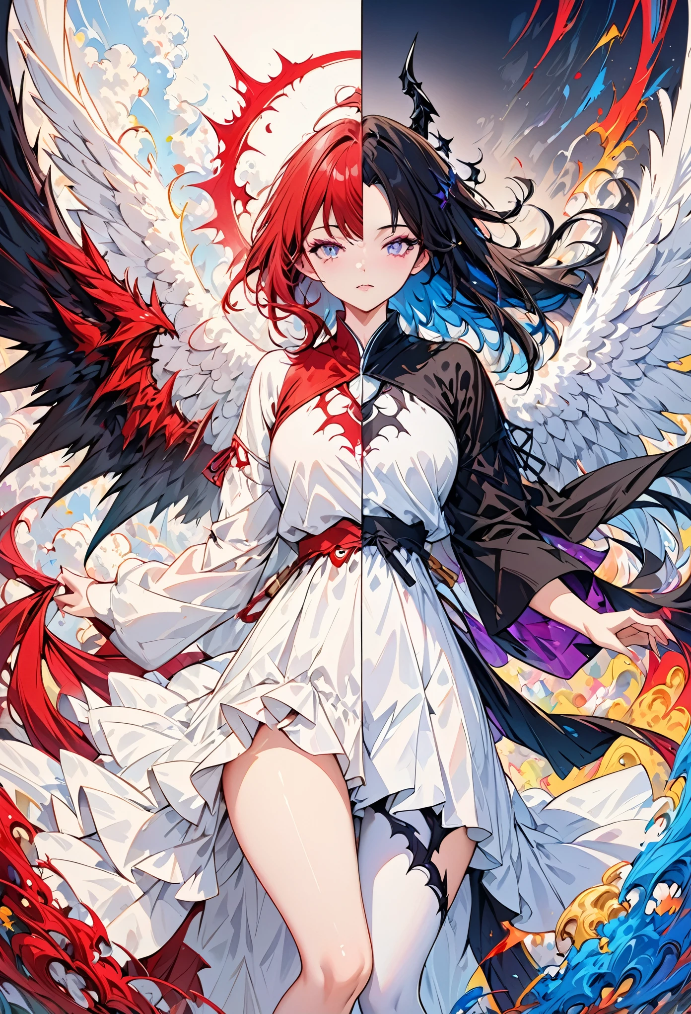 A split art style image featuring an angel on one half and a demon on the other,forming a stark contrast between purity and evil. The image is in high definition,with detailed features of both the angel and the demon,sharp focus,and vibrant colors, score_9,score_8_up,score_7_up,(masterpiece,best quality,ultra-detailed,very aesthetic, absurdres)