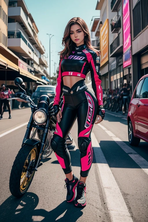 Fotografia de modelos Fitness, Beautiful Girls, cabelo cuto, corte moderno, roupas coloridas. Cenario de motos esportivas na cidade, predios iluminados.