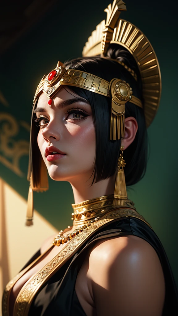 Cleopatra, vintage, Mystic, antiguidade, rosto detalhado, olhar marcante, deslumbrante, qualidade, Luz e sombra extremas, rim lighting, side lighting, rim lighting, olhos detalhados, cabelo detalhado, Mapeamento de tons , destaques especulares, ultra detalhado, 2k cg papel de parede detalhado, Obra de arte, melhor qualidade, arte oficial, FadaVibes