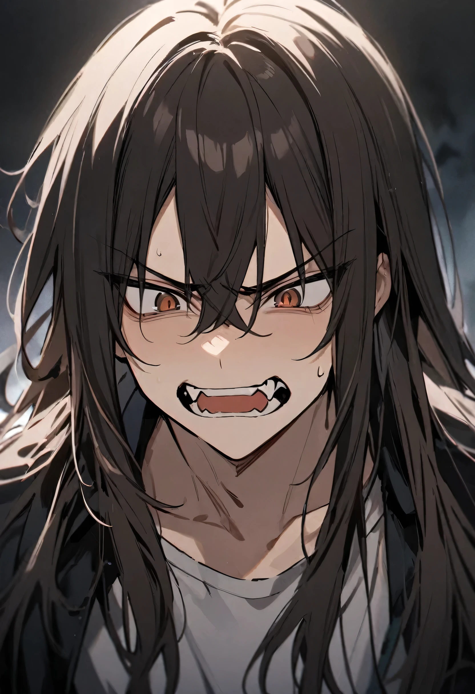 boy, long hair, very dark hair, no bangs, brown eyes. Teeth (fangs), frowning (best quality).