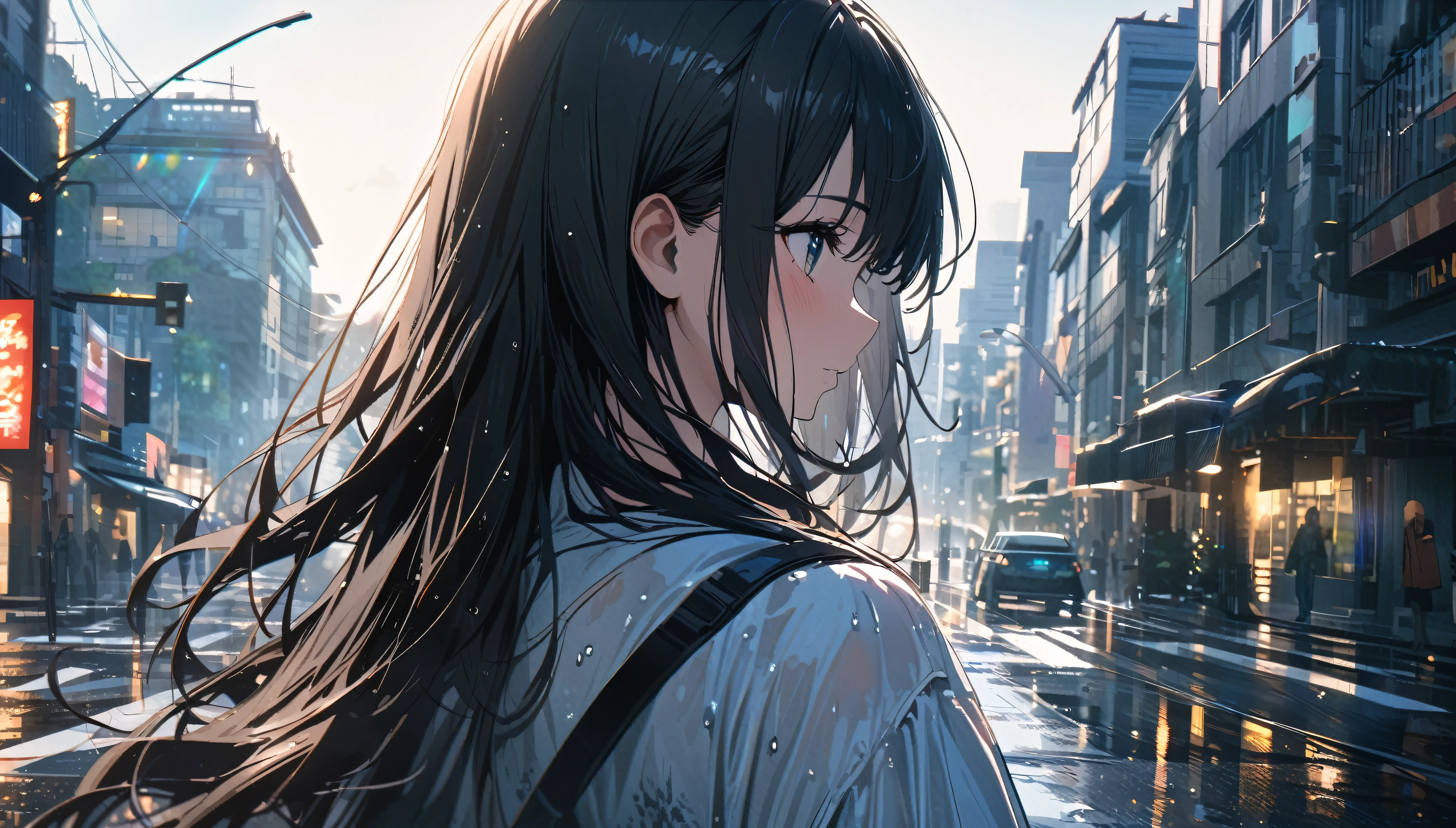 Angelic, 1girl, black long straight hair, sharp hair, facial profile, looking back, in the city, after the rain, lens flare, noon, bright, natural color, high-res, super delicate, ultra detailed, 8k