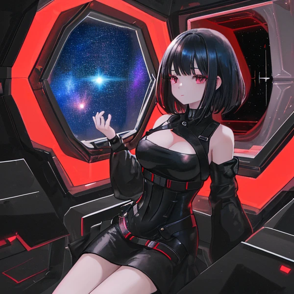 A girl in a black dress trimmed a red sparkling material, background of a spaceship escape pod, view of galaxy out a window, black hair, medium breast size.