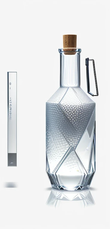 "Generate a 3D rendering of a liquor bottle with the main body crafted from ceramic and the cap made of glass or a high-quality, textured, toughened plastic material. Inspired by the sorghum used in white liquor production, the design centers around the sorghum ears radiating outward from the bottle cap, with streamlined features guiding the visual flow to emphasize overall smoothness and visual impact, evoking the essence of liquor derived from grains enveloping the bottle. The bottle's shape resembles a partially wrapped grain (the raw material for brewing), further signaling to consumers the authenticity of our product. For color, incorporating elements of the I Ching hexagrams and reflecting the preference for minimalist styles among young consumers, opt for a black-and-white color scheme to enhance visual appeal."