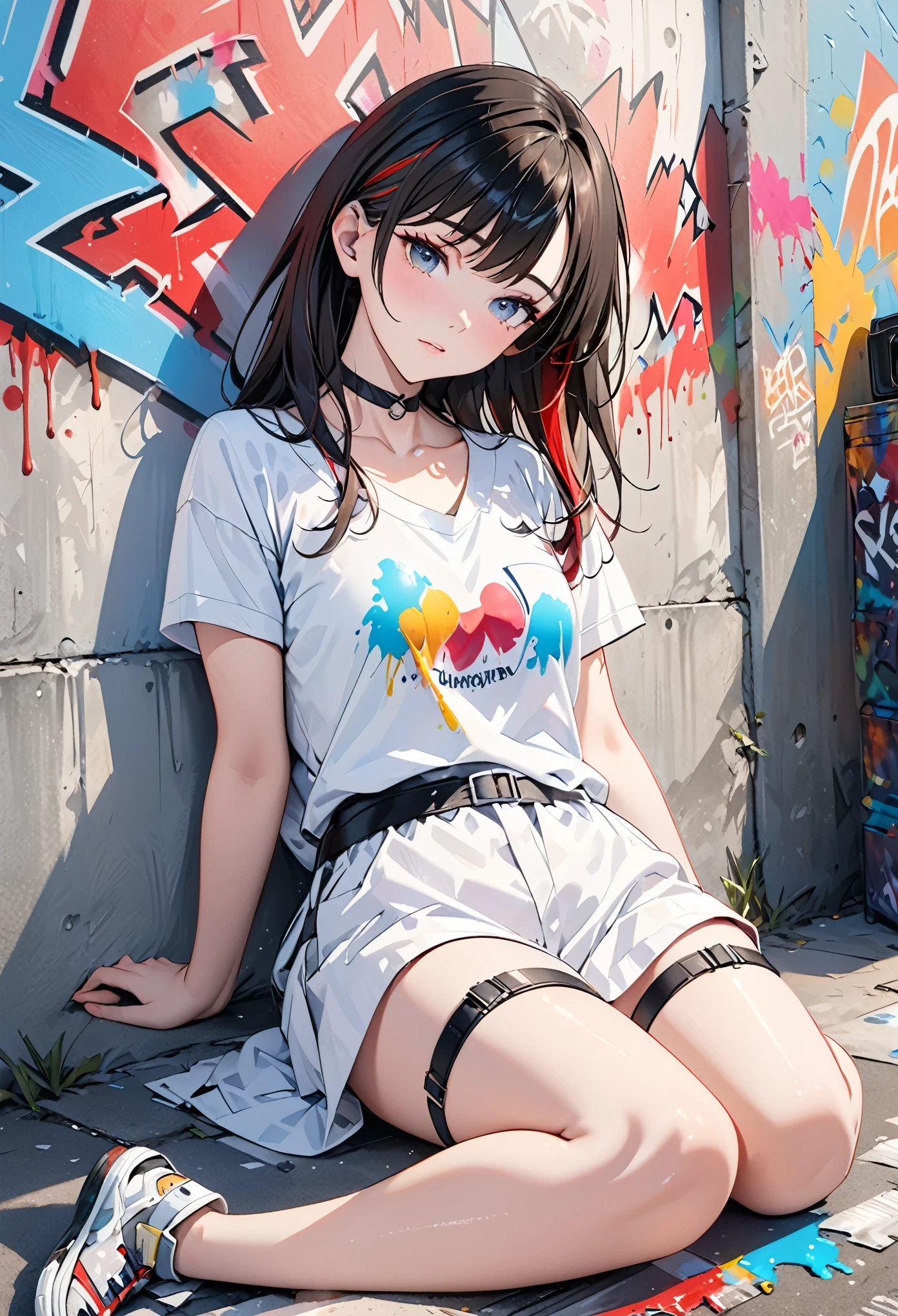 (masterpiece) 1girl,portrait,(8k, RAW photo, best quality, ultra high res, photorealistic, ultra-detailed),legs wide,kneeling,missionary,camera low,camera close,best quality,1girl,solo,streaked hair,choker,(graffiti:1.25),paint splatter,arms on hips,leaning back,looking at camera,armband,thigh strap,streaked hair,head down,head tilt,tight,thin,small,perfect face,ninym ralei,