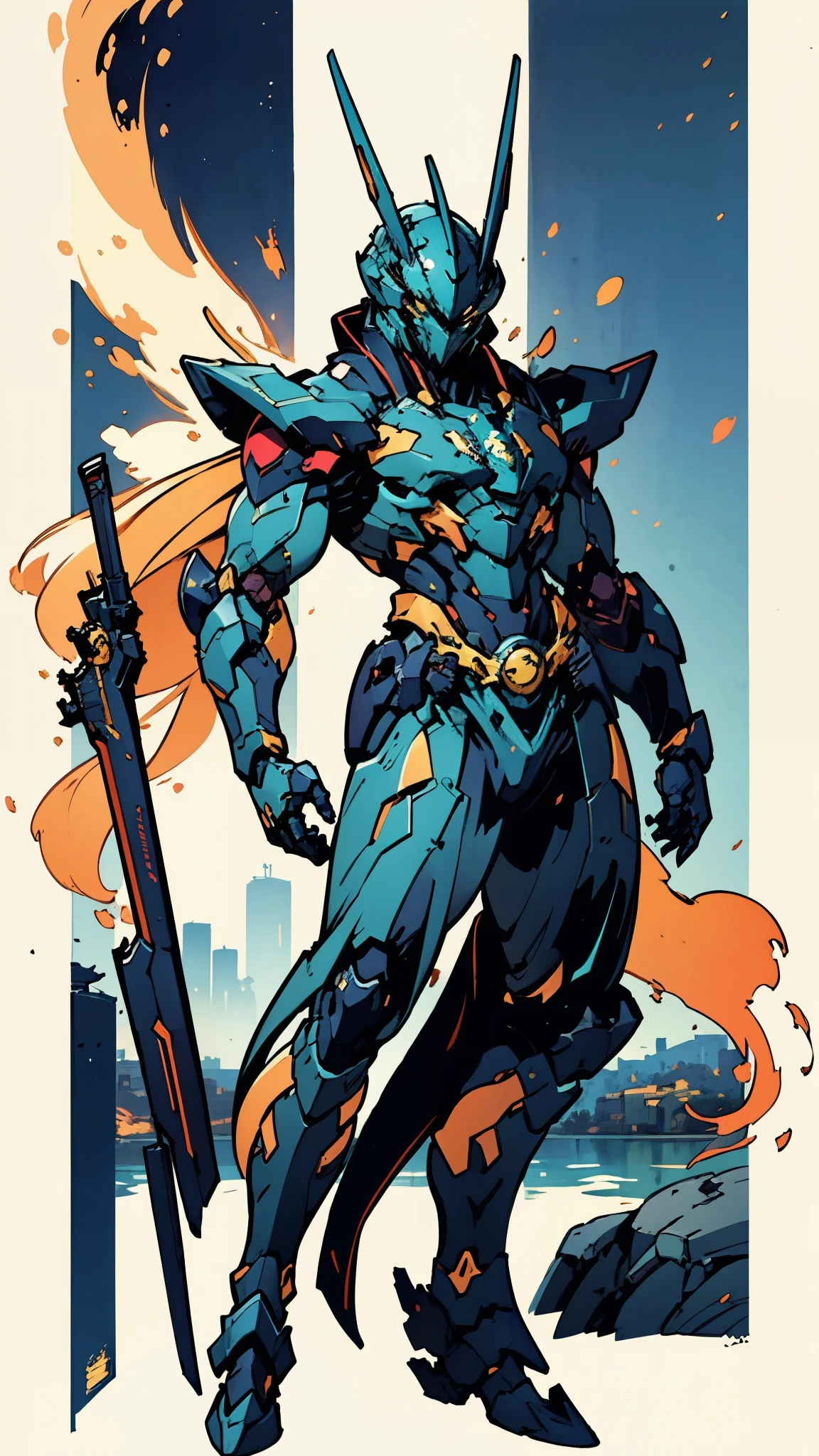 A man wearing a full-face helmet, a fantasy-style biotech armored combat suit, green eyes, (a composite layered chest armor), fully enclosed shoulder guards, matching arm and leg guards, the belt is adorned with cross, (the color scheme is primarily white with golden and blue accents), the design balances heavy with agility, a high-tech bio-mecha armor, (Armor Concept Inspired by Paladin, stand on the top of a skyscraper in a futuristic sci-fi city), this character embodies a finely crafted fantasy-surreal style armored hero in anime style, exquisite and mature manga art style, (battle damage, element, plasma, energy, the armor glows), ((male:1.5)), metallic, real texture material, dramatic, high definition, best quality, highres, ultra-detailed, ultra-fine painting, extremely delicate, professional, perfect body proportions, golden ratio, anatomically correct, symmetrical face, extremely detailed eyes and face, high quality eyes, creativity, RAW p