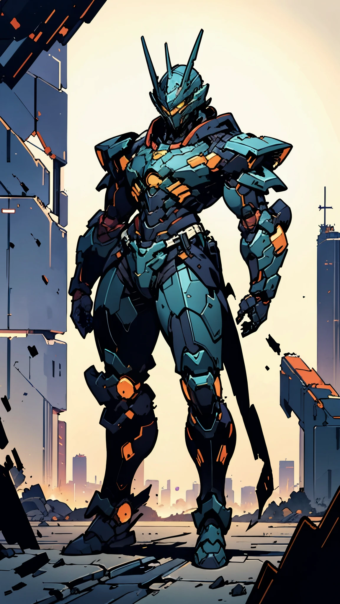 A man wearing a full-face helmet, a fantasy-style biotech armored combat suit, green eyes, (a composite layered chest armor), fully enclosed shoulder guards, matching arm and leg guards, the belt is adorned with cross, (the color scheme is primarily white with golden and blue accents), the design balances heavy with agility, a high-tech bio-mecha armor, (Armor Concept Inspired by Paladin, stand on the top of a skyscraper in a futuristic sci-fi city), this character embodies a finely crafted fantasy-surreal style armored hero in anime style, exquisite and mature manga art style, (battle damage, element, plasma, energy, the armor glows), ((male:1.5)), metallic, real texture material, dramatic, high definition, best quality, highres, ultra-detailed, ultra-fine painting, extremely delicate, professional, perfect body proportions, golden ratio, anatomically correct, symmetrical face, extremely detailed eyes and face, high quality eyes, creativity, RAW p