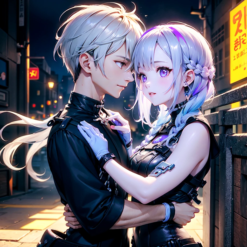 Disorganized、Man and woman couple、highest quality、Masterpiece、Official Art、16K、The best composition、The best light source、The girl has milky white hair with purple inner color, twin long braids, and black clothes in a cyberpunk style.、The man has milky white short hair and a cyberpunk look in white and light blue.、Gazing at each other、A kind smile、
