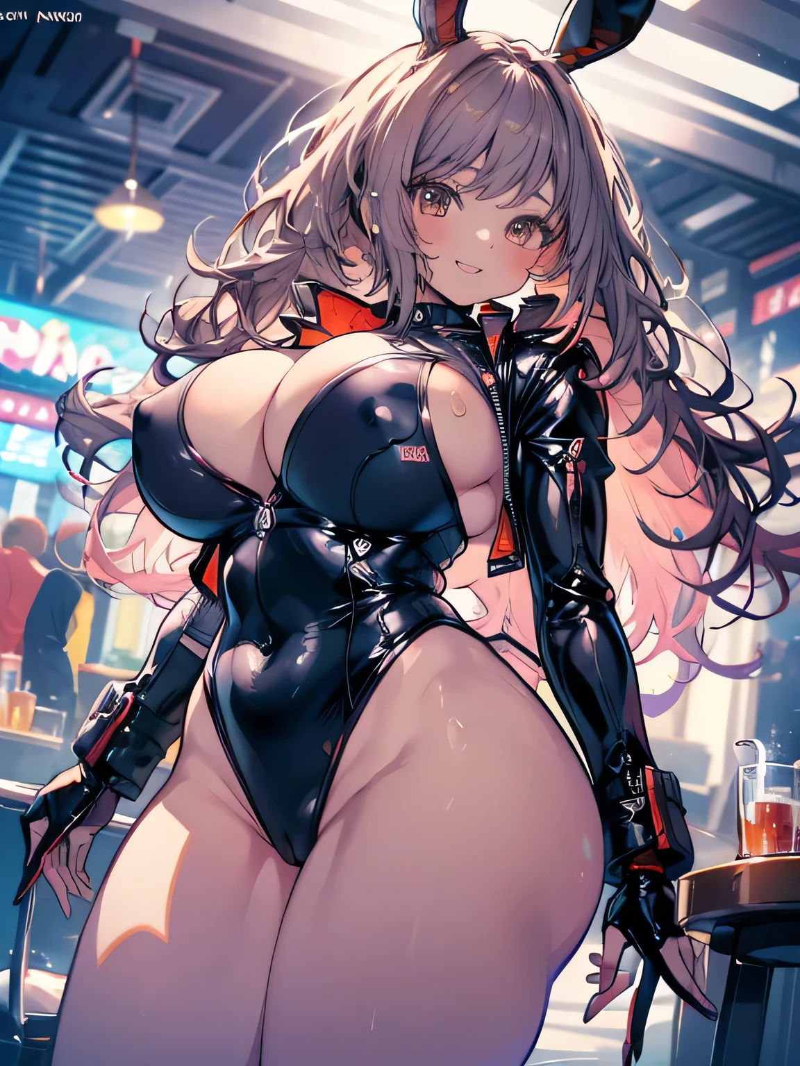 Erotic Anime Illustration、Anime Style、highest quality、Underground Casino、A plump bunny girl with brown skin、Perfect proportions、Sex Appeal、Very large breasts、Fatty legs、Erect nipples、Slot Machines、gaming table、Cowboy Shot、Exposed nipples、Exposing Vagina、smile、Hobby magazine cover