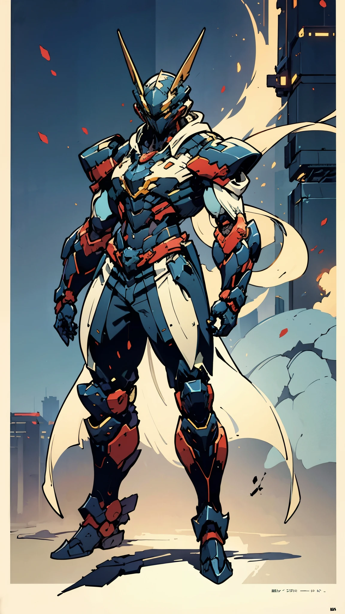 A man wearing a full-face helmet, a fantasy-style biotech armored combat suit, green eyes, (a composite layered chest armor), fully enclosed shoulder guards, matching arm and leg guards, the belt is adorned with cross, (the color scheme is primarily white with golden and blue accents), the design balances heavy with agility, a high-tech bio-mecha armor, (Armor Concept Inspired by Paladin, stand on the top of a skyscraper in a futuristic sci-fi city), this character embodies a finely crafted fantasy-surreal style armored hero in anime style, exquisite and mature manga art style, (battle damage, element, plasma, energy, the armor glows), ((male:1.5)), metallic, real texture material, dramatic, high definition, best quality, highres, ultra-detailed, ultra-fine painting, extremely delicate, professional, perfect body proportions, golden ratio, anatomically correct, symmetrical face, extremely detailed eyes and face, high quality eyes, creativity, RAW p