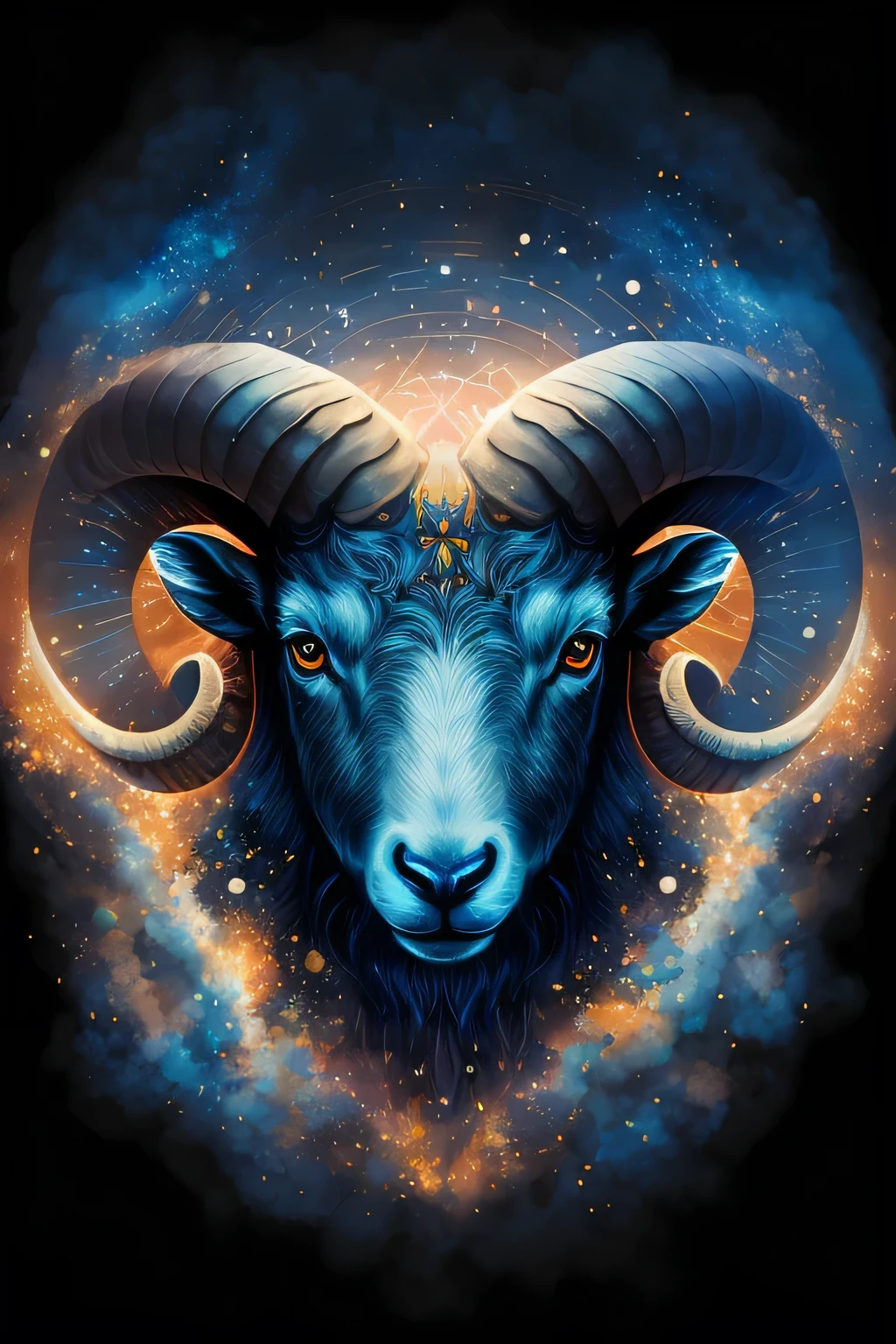 Arafaed sheep with blue and orange background and starry sky, The Fiery Ram Tarot for Aries, Horned Ram Goddess, Just a joke, Aries, figure,Poster Cover,graphic design
