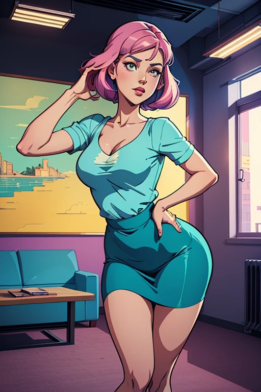 Anime girl, big butt, huge breasts, big hips, curvy girl, fleshy lips, soft skin, pink and blue hair, thick legs, thick thighs, beach, prancing ass, sweating, sexy lips, mini skirt, (nurse, kiss on the mouth, 2 girls).