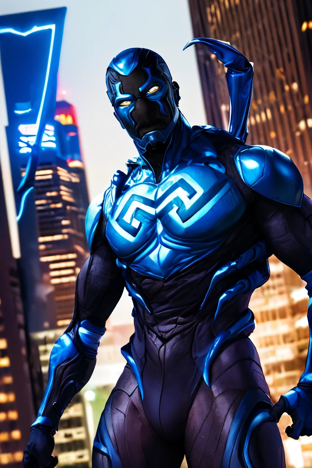 ((masterpiece,best quality)), absurdres, Blue_Beetle_DC, looking at viewer, cowboy shot, cinematic composition, dynamic pose, giant towering over city