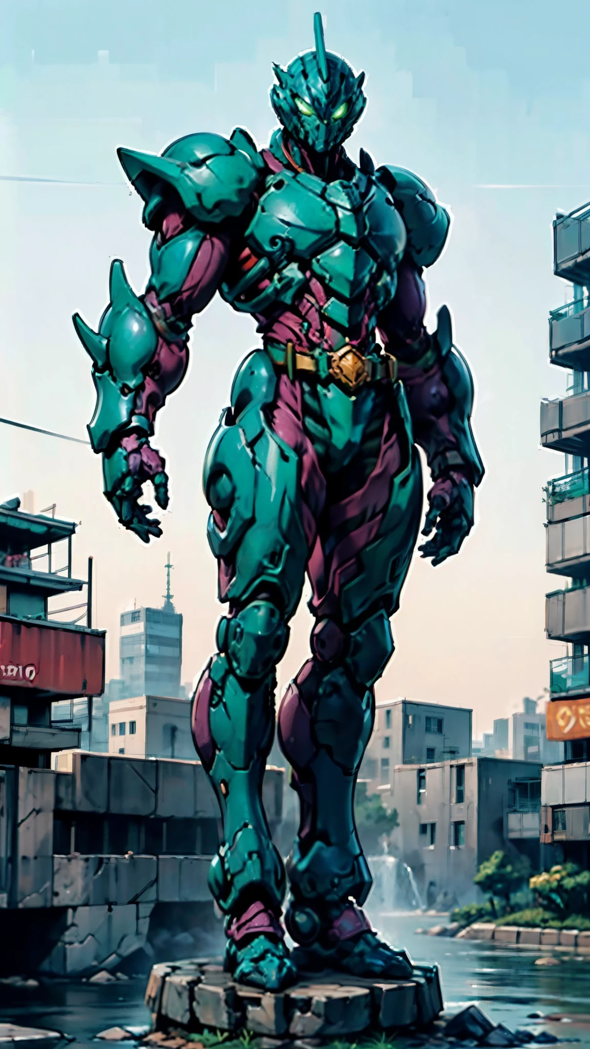 A man wearing a full-face helmet, a fantasy-style biotech armored combat suit, green eyes, (a composite layered chest armor), fully enclosed shoulder guards, matching arm and leg guards, the belt is adorned with cross, (the color scheme is primarily white with golden and blue accents), the design balances heavy with agility, a high-tech bio-mecha armor, (Armor Concept Inspired by Paladin, stand on the top of a skyscraper in a futuristic sci-fi city), this character embodies a finely crafted fantasy-surreal style armored hero in anime style, exquisite and mature manga art style, (battle damage, element, plasma, energy, the armor glows), ((male:1.5)), metallic, real texture material, dramatic, high definition, best quality, highres, ultra-detailed, ultra-fine painting, extremely delicate, professional, perfect body proportions, golden ratio, anatomically correct, symmetrical face, extremely detailed eyes and face, high quality eyes, creativity, RAW p