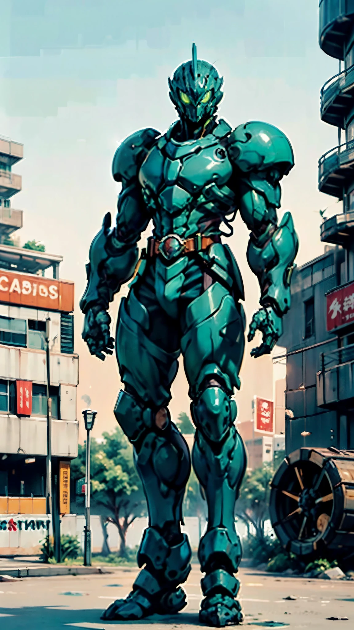 A man wearing a full-face helmet, a fantasy-style biotech armored combat suit, green eyes, (a composite layered chest armor), fully enclosed shoulder guards, matching arm and leg guards, the belt is adorned with cross, (the color scheme is primarily white with golden and blue accents), the design balances heavy with agility, a high-tech bio-mecha armor, (Armor Concept Inspired by Paladin, stand on the top of a skyscraper in a futuristic sci-fi city), this character embodies a finely crafted fantasy-surreal style armored hero in anime style, exquisite and mature manga art style, (battle damage, element, plasma, energy, the armor glows), ((male:1.5)), metallic, real texture material, dramatic, high definition, best quality, highres, ultra-detailed, ultra-fine painting, extremely delicate, professional, perfect body proportions, golden ratio, anatomically correct, symmetrical face, extremely detailed eyes and face, high quality eyes, creativity, RAW p